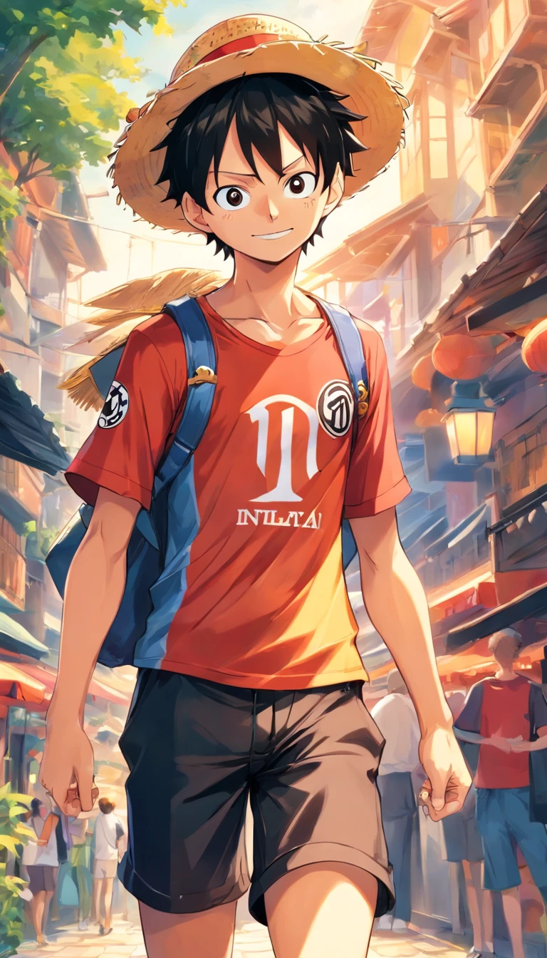 Luffy From One Piece with his Straw hat and he is wearing a very detailed Inter Milan Shirt with the Number 11 on his Black Inter milan Shorts and he is holding his hat with one hand