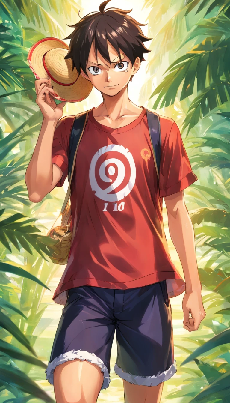 Luffy From One Piece with his Straw hat and he is wearing a very detailed Inter Milan Shirt with the Number 11 on his Black Inter milan Shorts and he is holding his hat with one hand