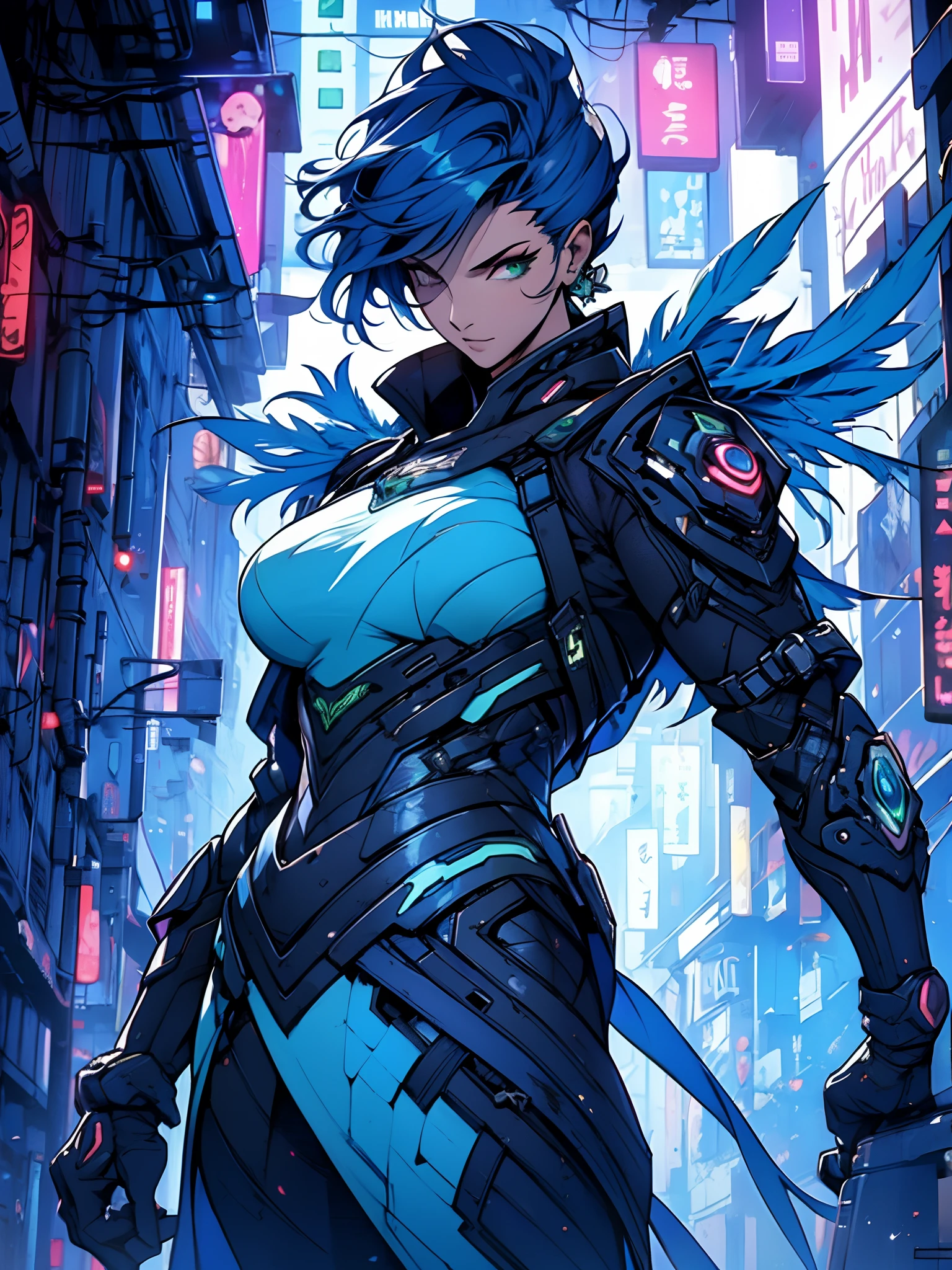 night peacock woman with dark blue hair and many green peacock feathers in covered heavy armor surrounding with green feathers in cyberpunk style dark colors