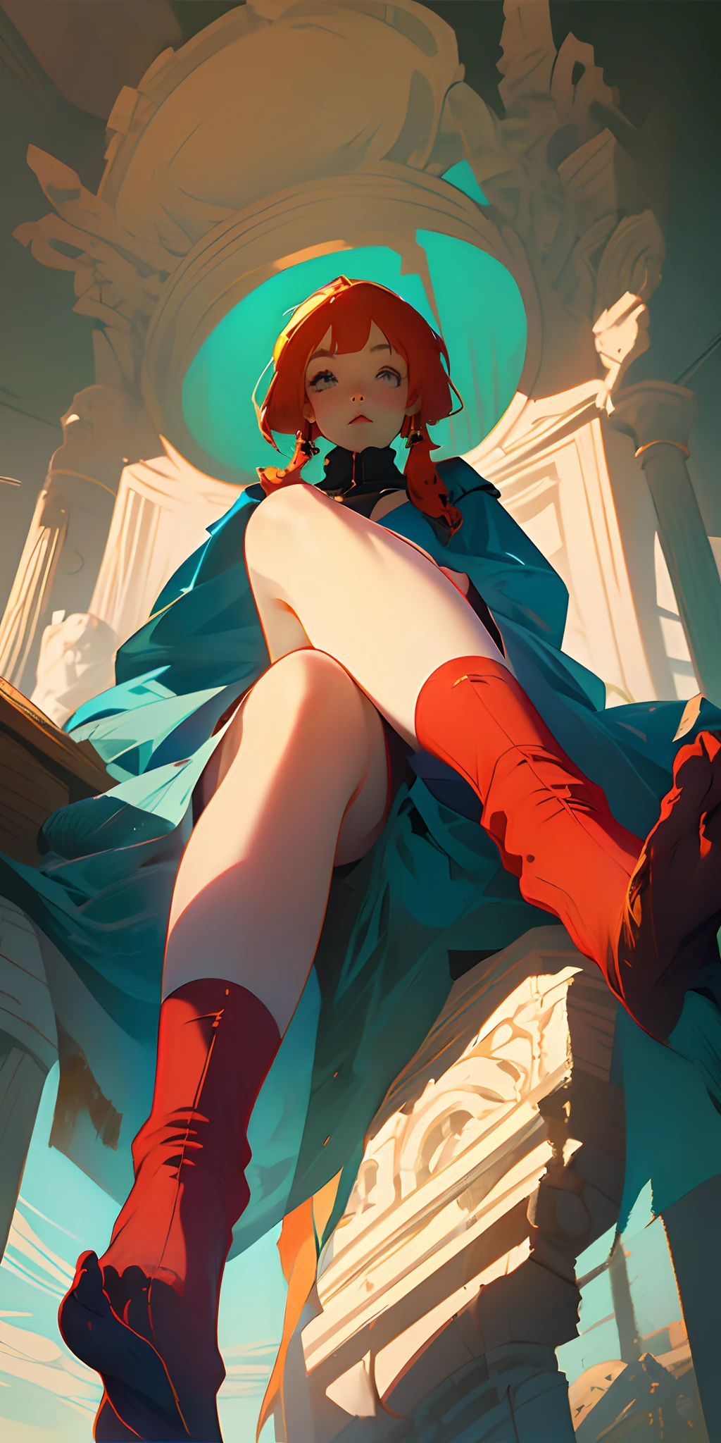 ((best quality)), ((masterpiece)), (detailed), perfect face, Middle Ages, outdoor, standing on the podium, girl, nudity, shy, black hair, long hair, black eye, beautiful, cute, steel leash, Restriction, red hair tips, Head bowed, C cup breasts