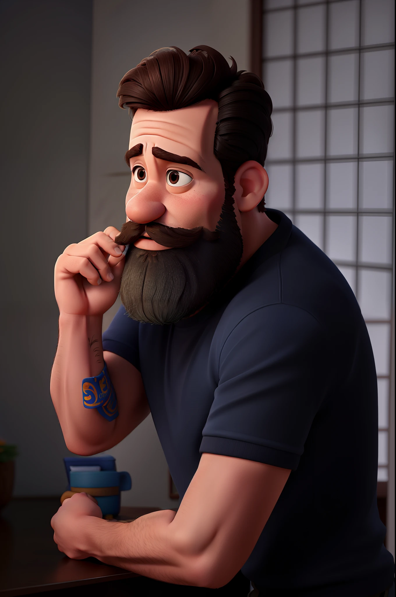 Um homem moreno segurando o bigode  estilo Disney Pixar, alta qualidade, melhor qualidade