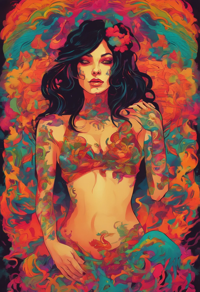 black-haired woman with tattoos on her body, wearing lingerie and smoking a marijuana cigarette