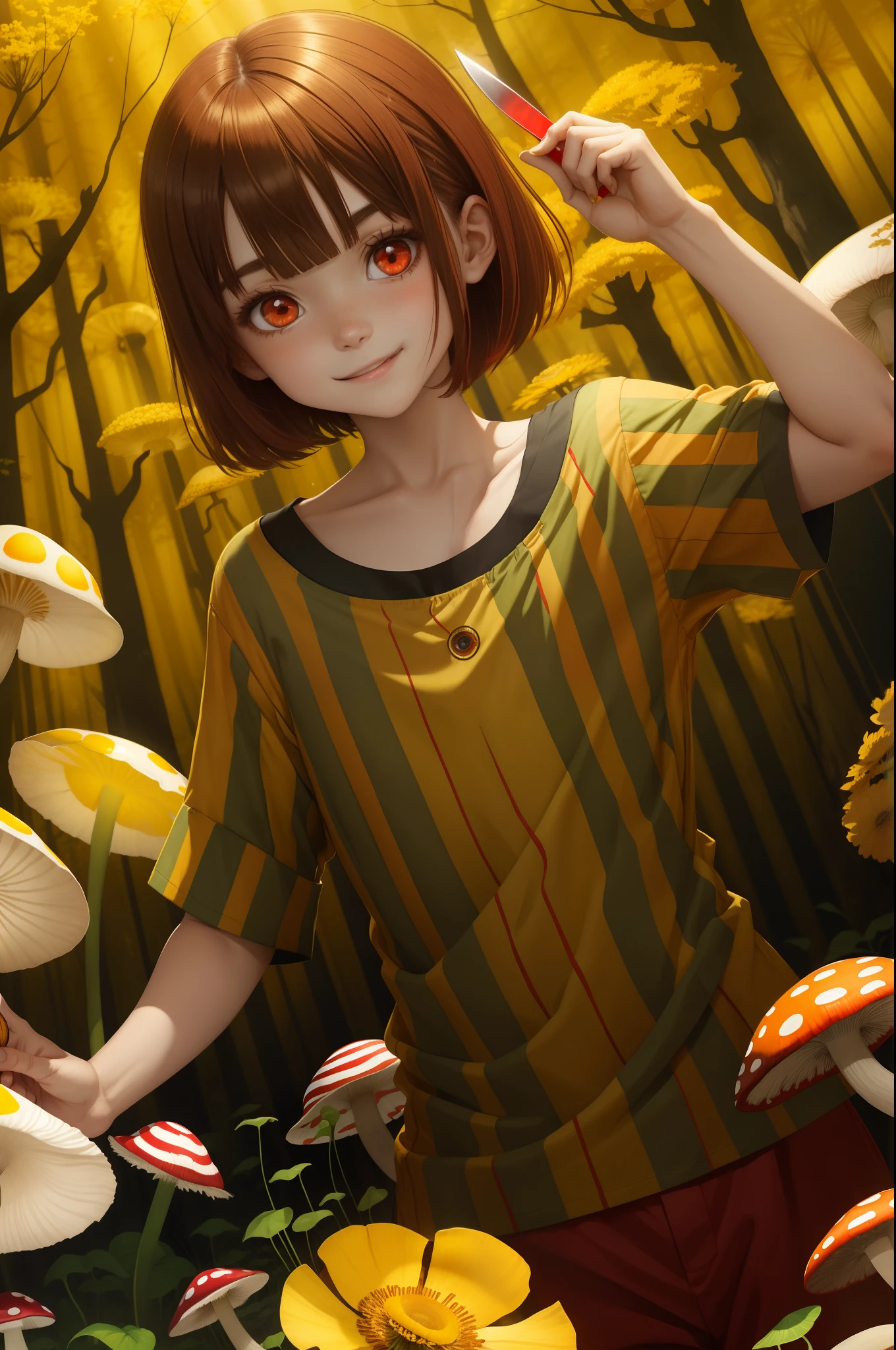 Red eyes, girl, holding a knife, yellow-green striped shirt with thicker stripes, red eyes glowing red, head tilted, short brown hair mushroom head, with a clear smile on his face, Chara, two-dimensional, standing among golden flowers with a ray of light above his head