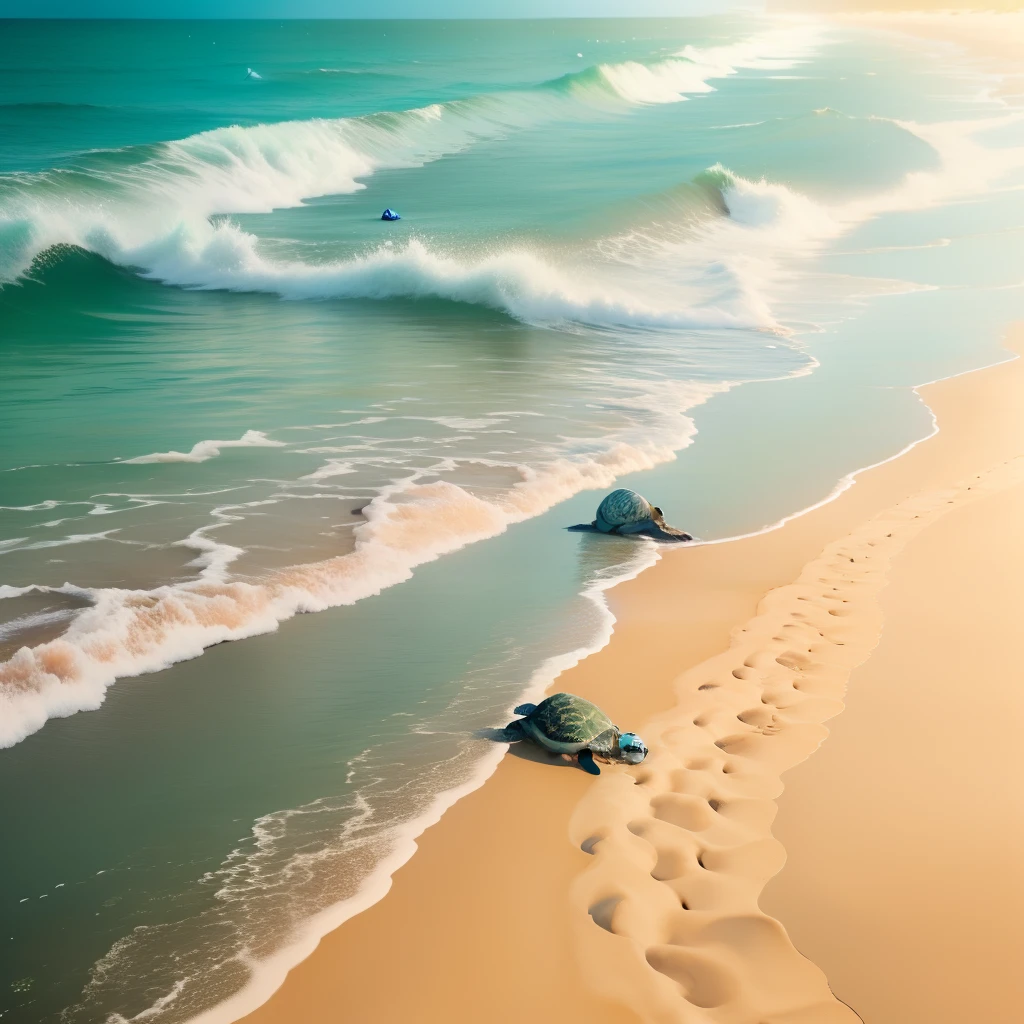 Baby sea turtles hatching from the egg and heading towards the sea leaving their footprints wherever they went