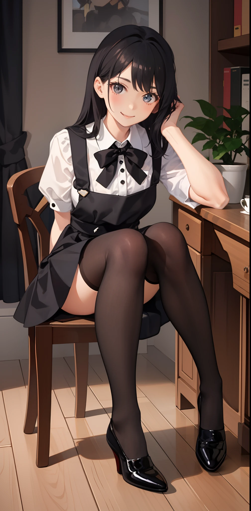 1girl in、A smile、A delightful! The shirt、skirt by the、(small tits)pinafore、doress、hair adornments、(Maids)、((bend over)) 、under the desk 、 beatiful ass , black hair , ((black stockings)) , 20 years old , beatiful feet , sexy feet , sexy legs , girl sitting on a chair , ((sitting)) , she turn to the side