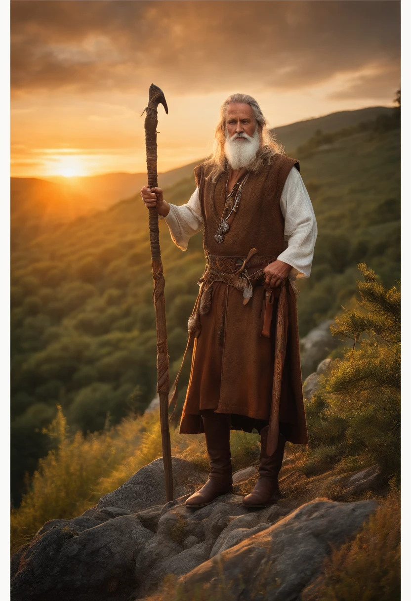 Full length portrait, strong middle aged and proud Celtic druid. Broad shoulders, wearing rich woodland beads and leather bound jewelry. He is holding an intricately carved staff. realistic facial features. Realistic hands. national geographic composition. sunset and fire lighting, a small village in thick woods in the background of hills. a touch of bright vibrant color to his garbs woven in