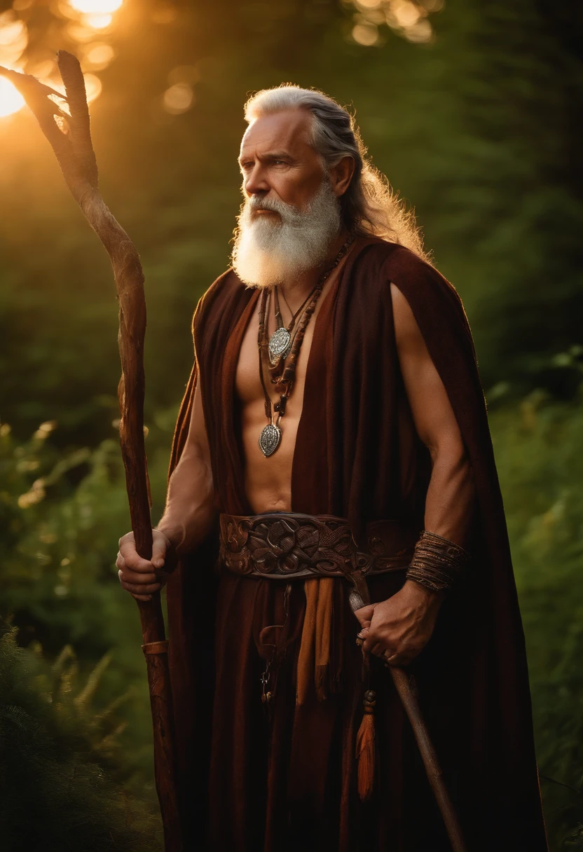 Full length portrait, strong middle aged and proud Celtic druid. Broad shoulders, wearing rich woodland beads and leather bound jewelry. He is holding an intricately carved staff. realistic facial features. Realistic hands. national geographic composition. sunset and fire lighting, a small village in thick woods in the background of hills. a touch of bright vibrant color to his garbs woven in