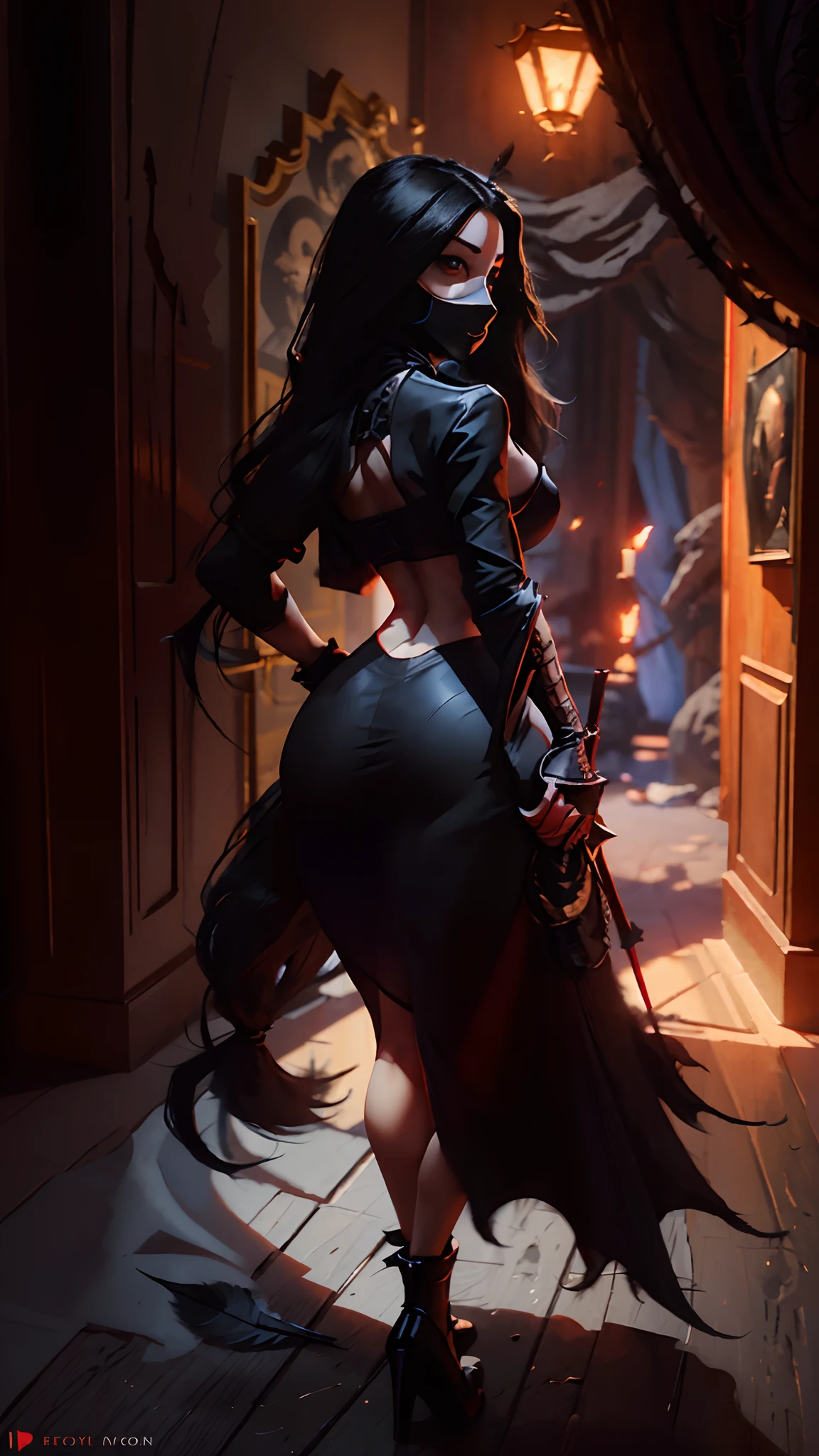 Elegant pale female thief with black attire, red lipstick, long flowing black hair, a black venetian half mask with feather, two daggers and a mysterious smile, full body shot from behind