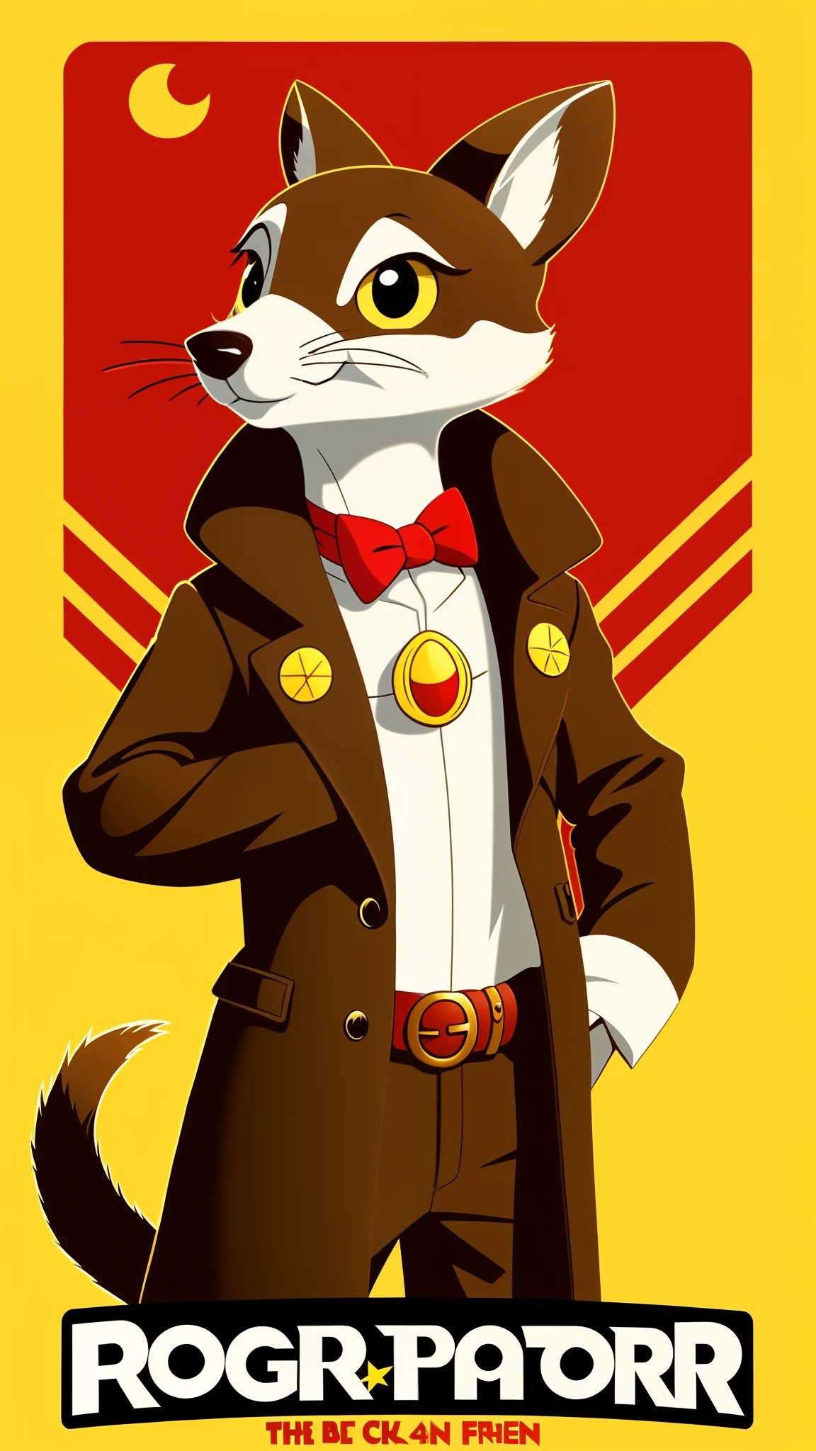 A toon patrol weasel from the movie who framed roger rabbit , a brown caramel fur color coat, yellow eyes, a white long ear ring, and yellow eyes