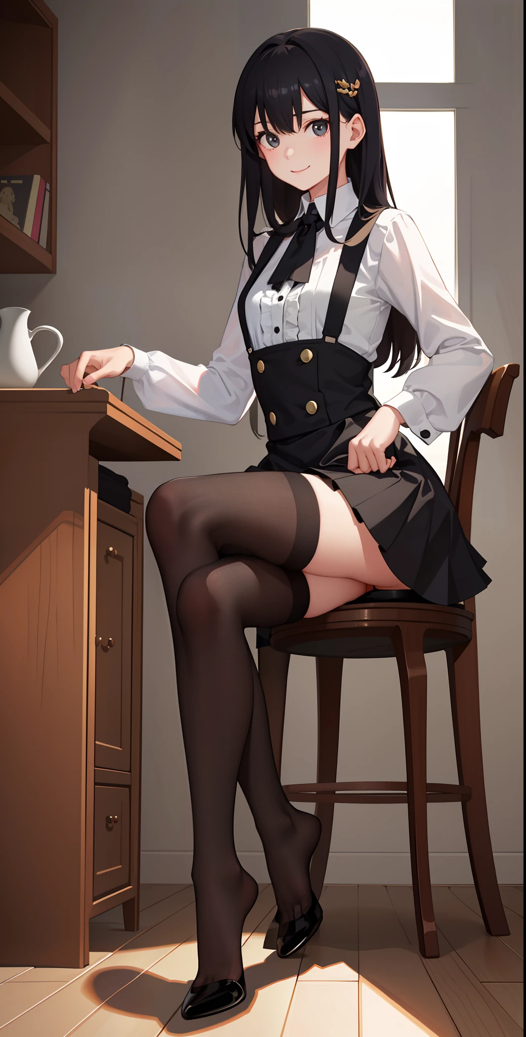 1girl in、A smile、A delightful! The shirt、skirt by the、(small tits)pinafore、doress、hair adornments、(Maids)、((bend over)) 、under the desk 、 beatiful ass , black hair , ((black stockings)) , 20 years old , beatiful feet , sexy feet , sexy legs , girl sitting on a chair , ((sitting)) , she turn to the side