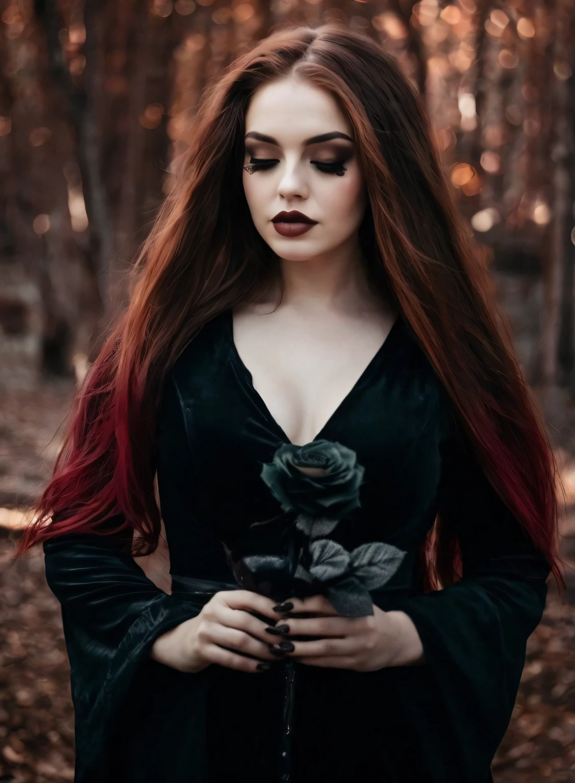 foto RAW, A beautiful gothic woman with red hair, con el pelo largo blanco, Gothic black dress, con una rosa negra entre los dedos, escote, tetas perfectas (piel alta y detallada:1.2),8k UHD, DSLR, Soft lighting, alta calidad, Film grain, Fujifilm XT3