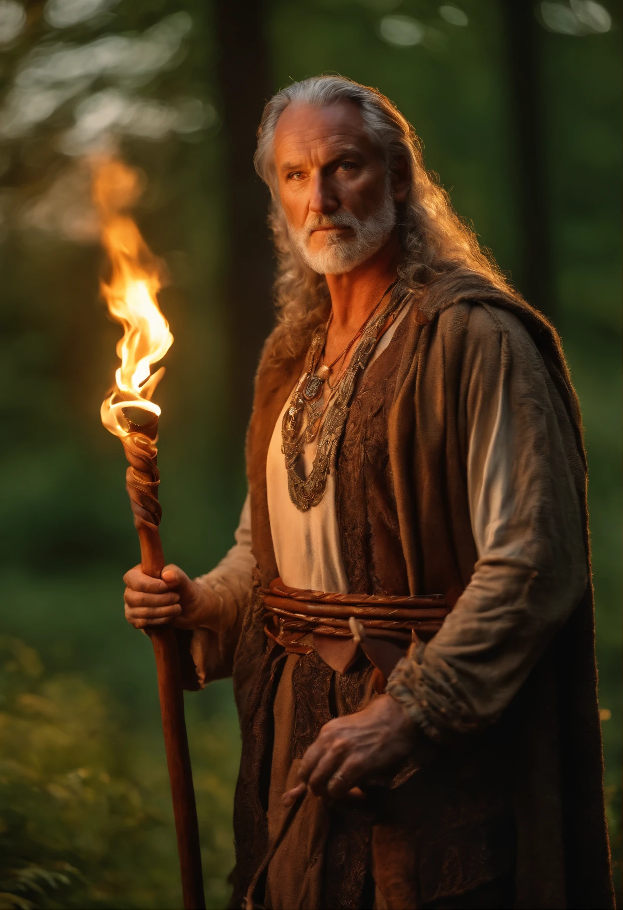 Full length portrait, strong middle aged and proud Celtic druid. Broad shoulders, wearing rich woodland beads and leather bound jewelry. He is holding an intricately carved staff. realistic facial features. Realistic hands. national geographic composition. sunset and fire lighting, a small village in thick woods in the background of hills. a touch of bright vibrant color to his garbs woven in