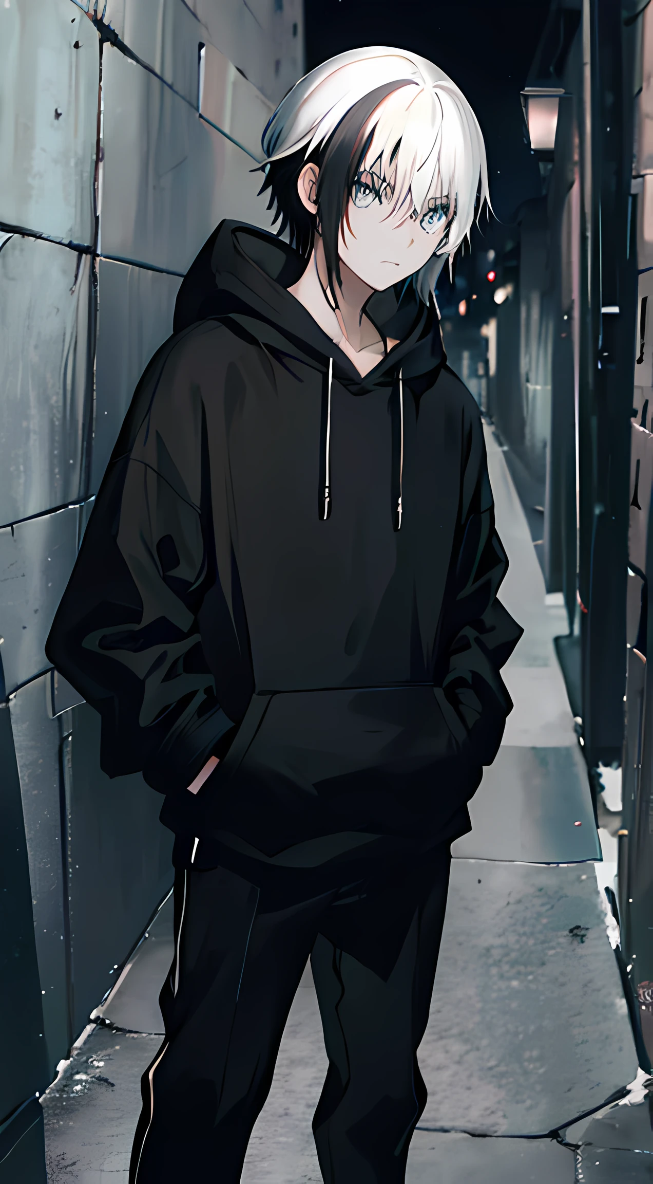 At night in a quiet alley there is a man wearing a black hoodie and long black pants, two-tone hair, white hair, black hair, and eyes are yellow, standing looking up at the dark sky