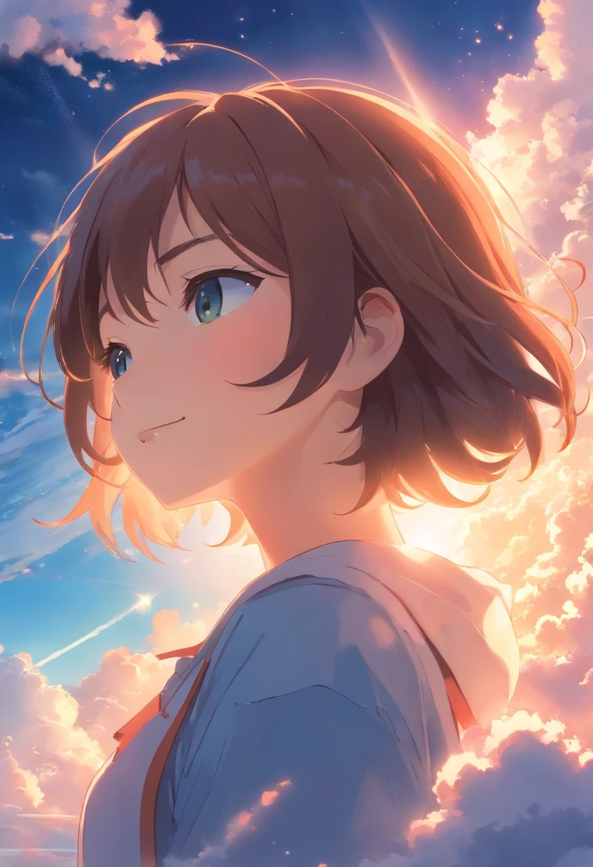 masterpiece, best quality, movie still, 1girl, cloud girl, floating in the sky, close-up, bright, happy, warm soft lighting, sunset, (sparks:0.7)
