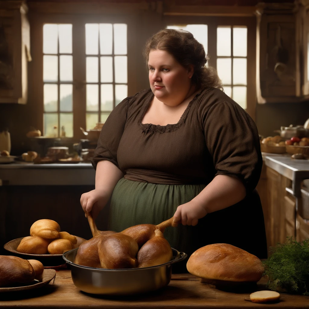 photoreallistic, High Resolution Very Fat Woman,Very dirty and rotten peasant Scaup, cuisine,Manger