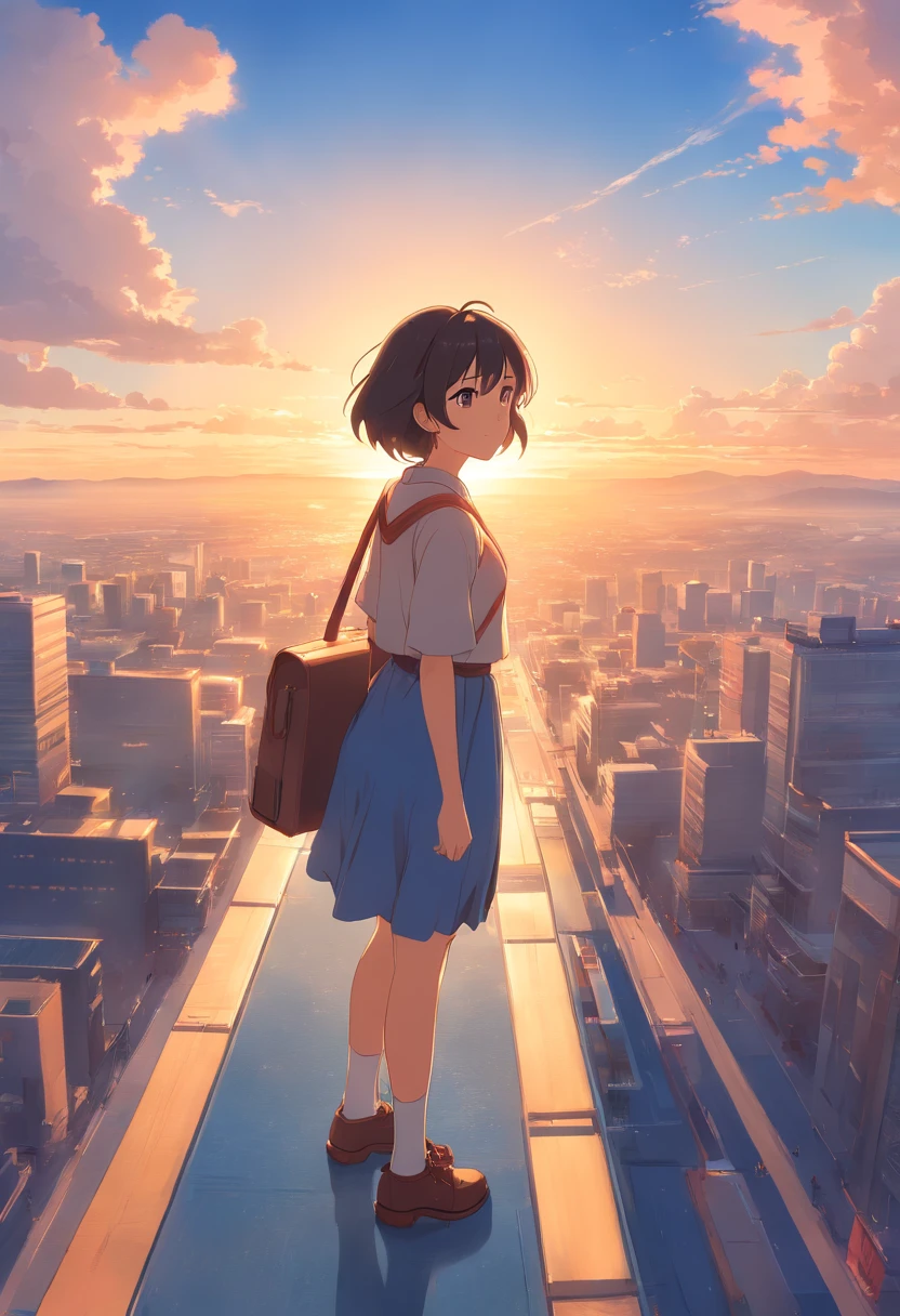 masterpiece、top-quality、Movie stills、1girl、Cloud Girl、floating in sky、a closeup、发光、happiness、Warm soft lighting、the setting sun、(Spark:0.7) stagecoach Ren Hao
