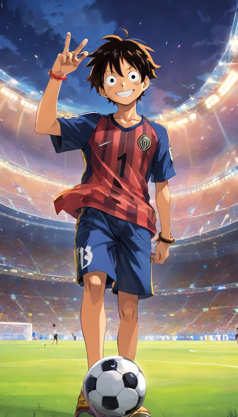 “Luffy from one piece Standing In a soccer stadium smiling while wearing A Inter Milan Black and Blue Shirt with stripes the number 11 on his black shorts and he is wearing his straw hat and he is holding it, he also has Inter’s logo on the right side of his chest in his shirt”