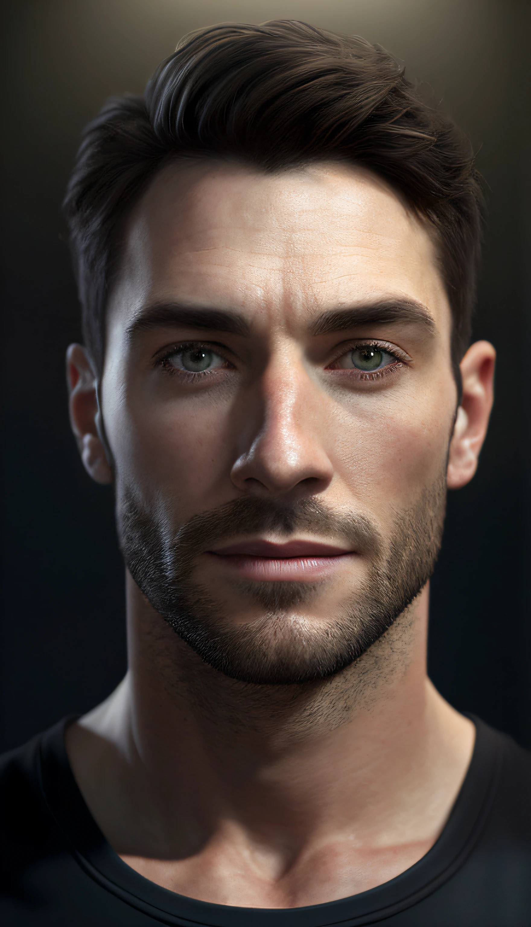 um close up de um homem com barba e camisa preta, Cinematic realistic portrait, bonito rosto detalhado, rosto realista altamente detalhado, Rosto altamente detalhado de 8k, retrato de rosto detalhado realista, 8k portrait render, sharp high detail face, realistic face moody lighting, rosto realista detalhado, rosto realista humano, Retrato VFX altamente detalhado, rosto detalhado e realista, rosto realista e detalhado