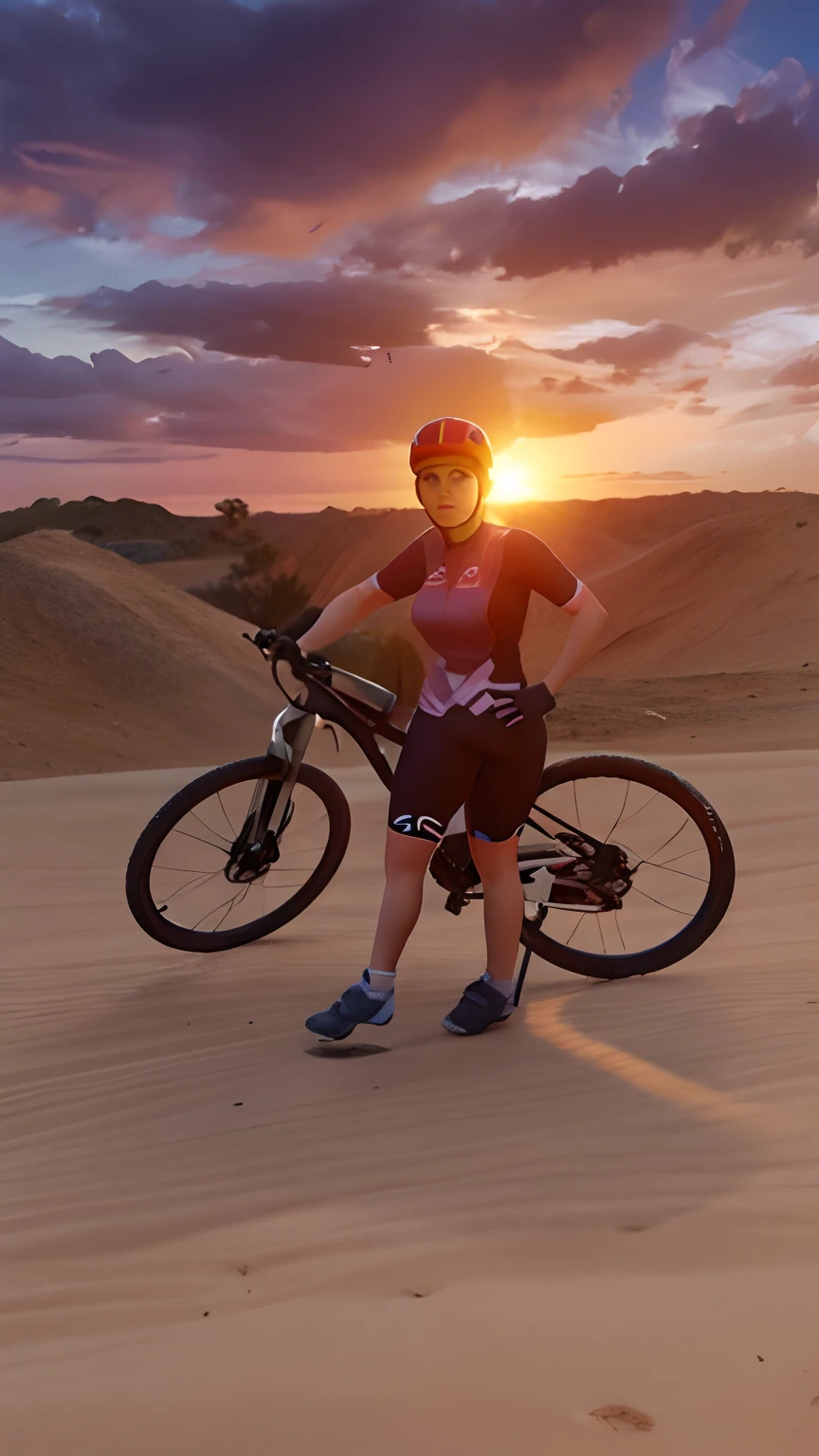 Uma mulher ciclista com roupas de ciclismo, segurando uma bicicleta, no por do sol, com capacete de ciclista