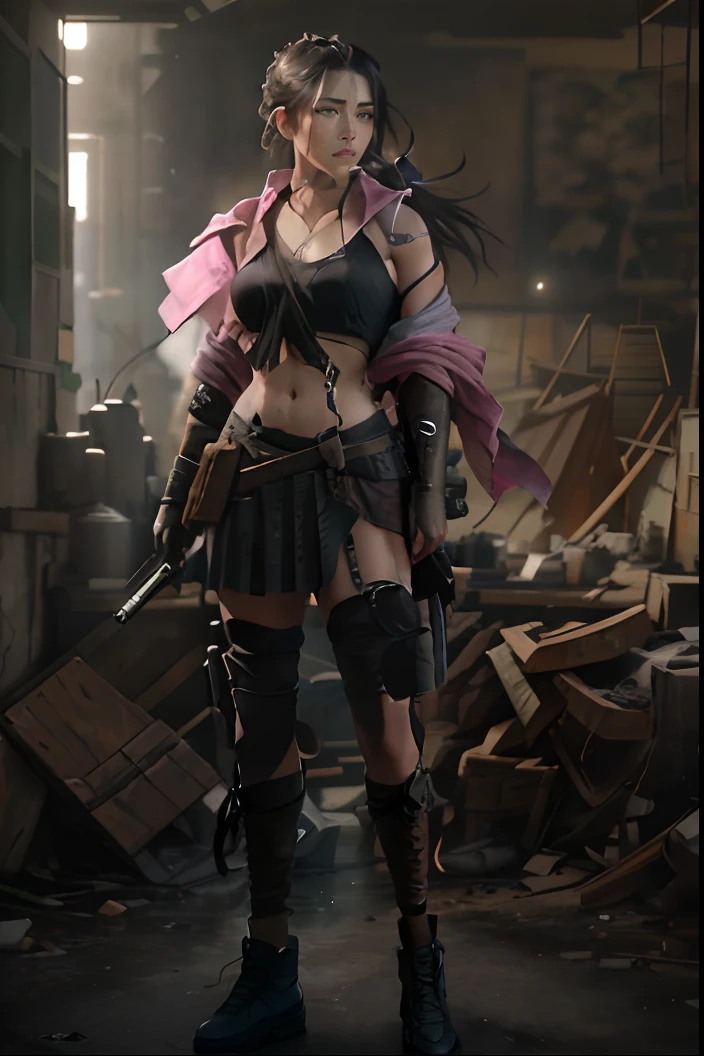 deep shadow, sinister, award winning photo, best quality, masterpiece, full body, woman, freckled face, braided ponytail, black hair with green highlights, grey eyes, modern, skirt, tactical pouch, pink crop jacket, black crop top, by Jeremy Lipking, by Antonio J. Manzanedo, by lee jeffries nikon d850 film stock photograph 4 kodak portra 400 camera f1.6 lens rich colors hyper realistic lifelike texture dramatic lighting unreal engine trending on artstation cinestill 800, fisheye lens, Style-Kilt, ruins, AK-47