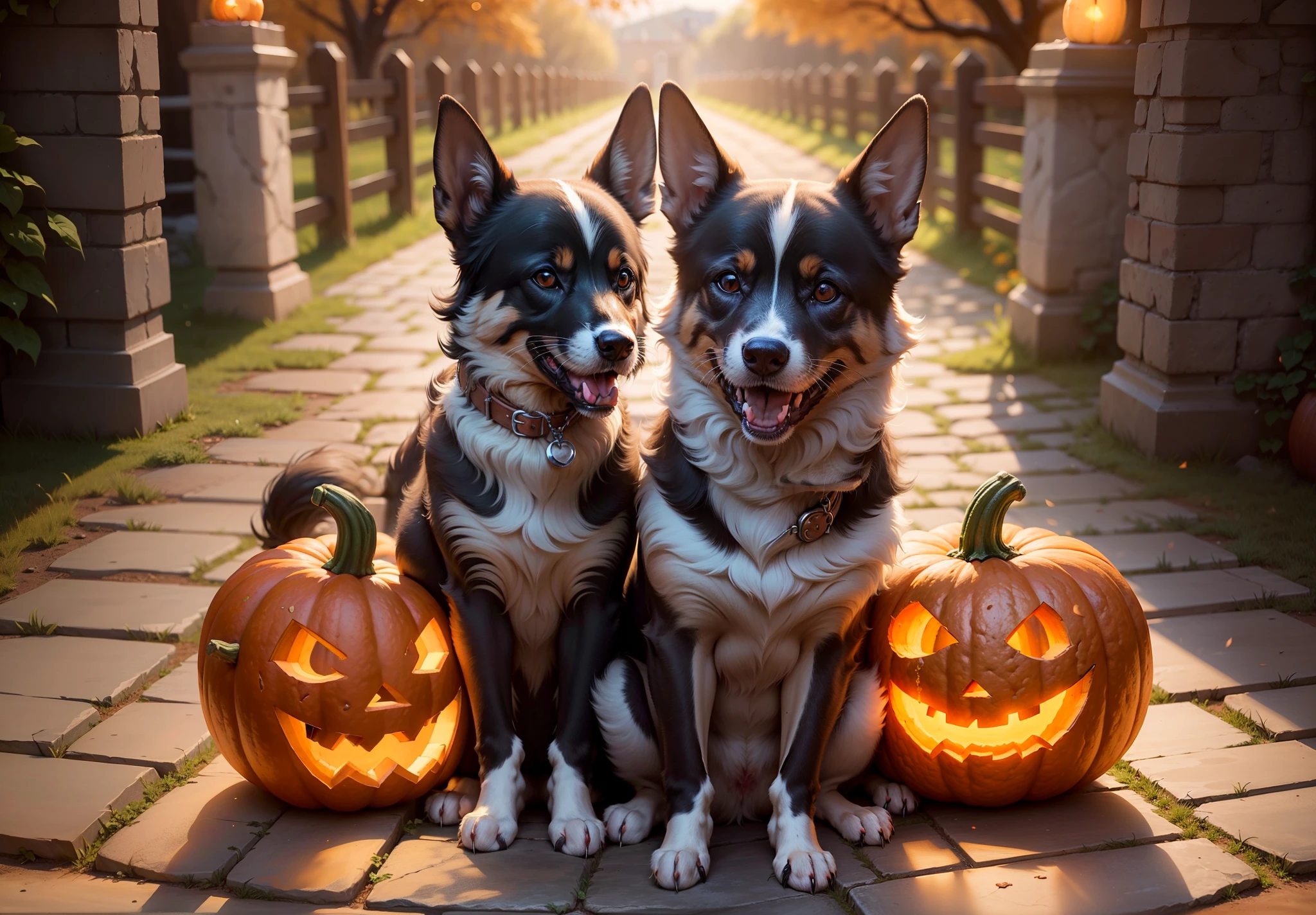 /imagine The photo of a few pumpkins on a stone wall for Halloween, lit by candles, with two dogs playing image, 8k, - 16:9 --auto --s2