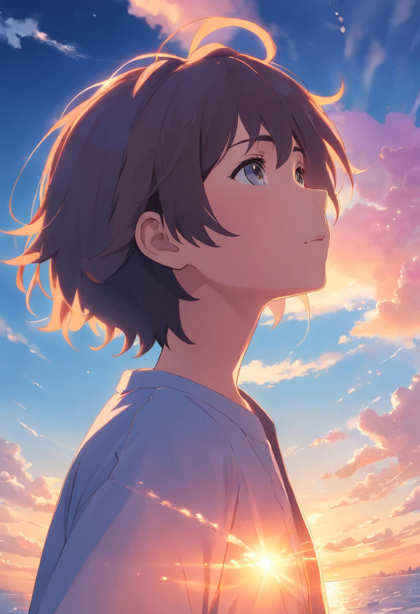 masterpiece、top-quality、Movie stills、1boy、Cloud Boy、floating in sky、a closeup、marason、Painful face、Warm soft lighting、the setting sun、(Spark:0.7)