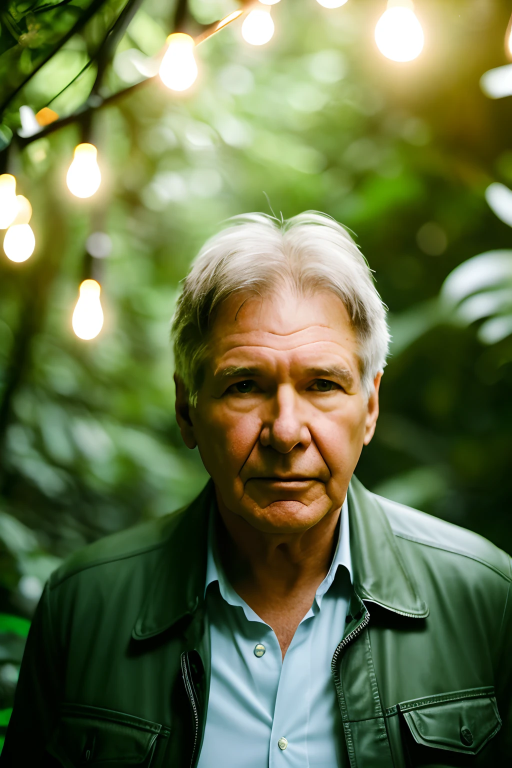 obra maestra, Harrison Ford walking through the jungle at night among fireflies, (detalle alto: 1 1), rough face, piel natural, alta calidad, nsfw, ojos hermosos, (cara y ojos detallados), (cara: 1 2), ruido, extra, foto real, PSD, Film photography with lamp, foco nítido, contrast lighting, piel detallada, 8K High Resolution, detalle loco, realista, profesional photography, 8k UHD, SLR camera, soft illuminaotion, alta calidad, movie grain, Fujifilm XT3
