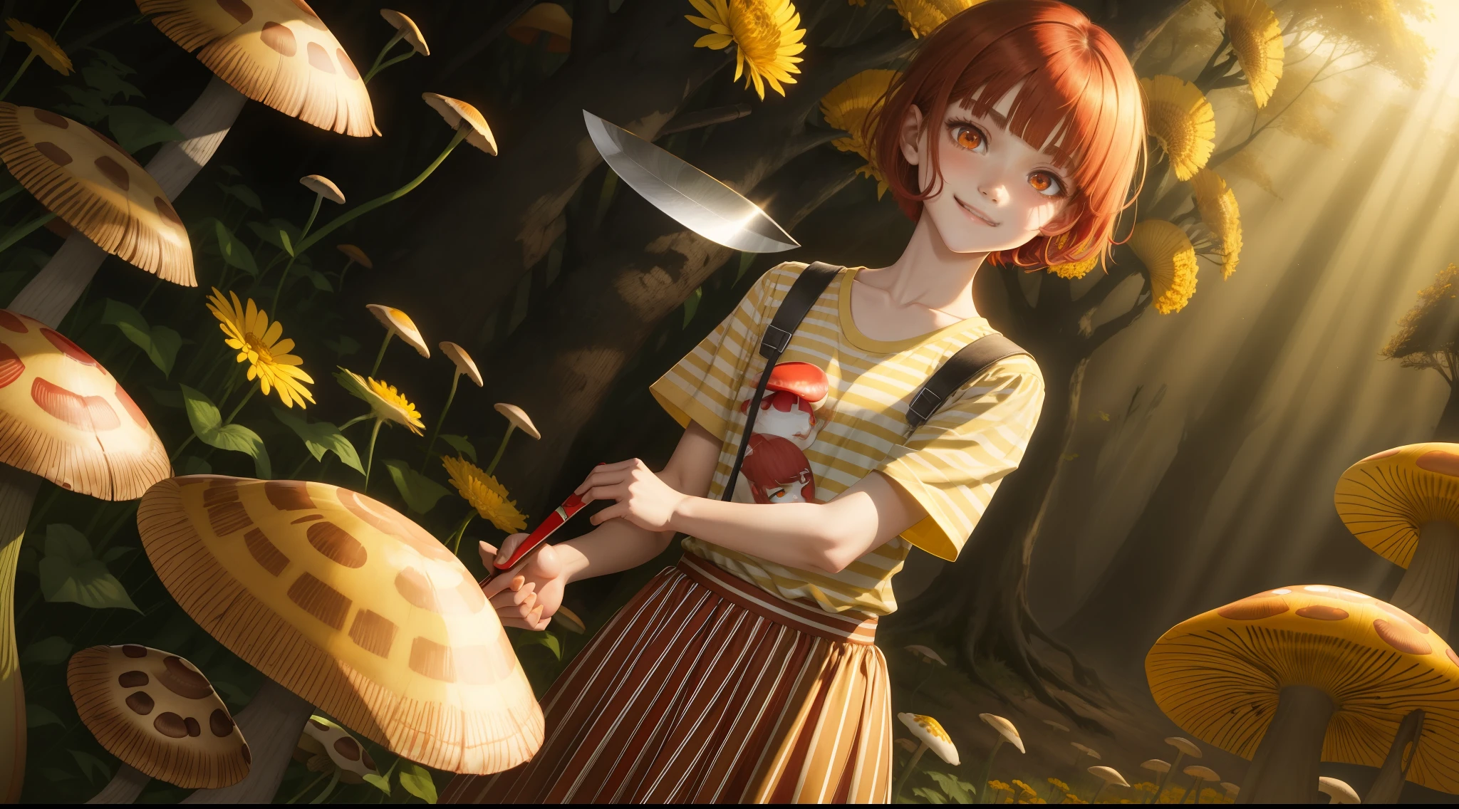 Red eyes, girl, holding a knife, yellow-green striped shirt with thicker stripes, red eyes glowing red, head tilted, short brown hair mushroom head, with a clear smile on his face, Chara, two-dimensional, standing among golden flowers with a ray of light above his head