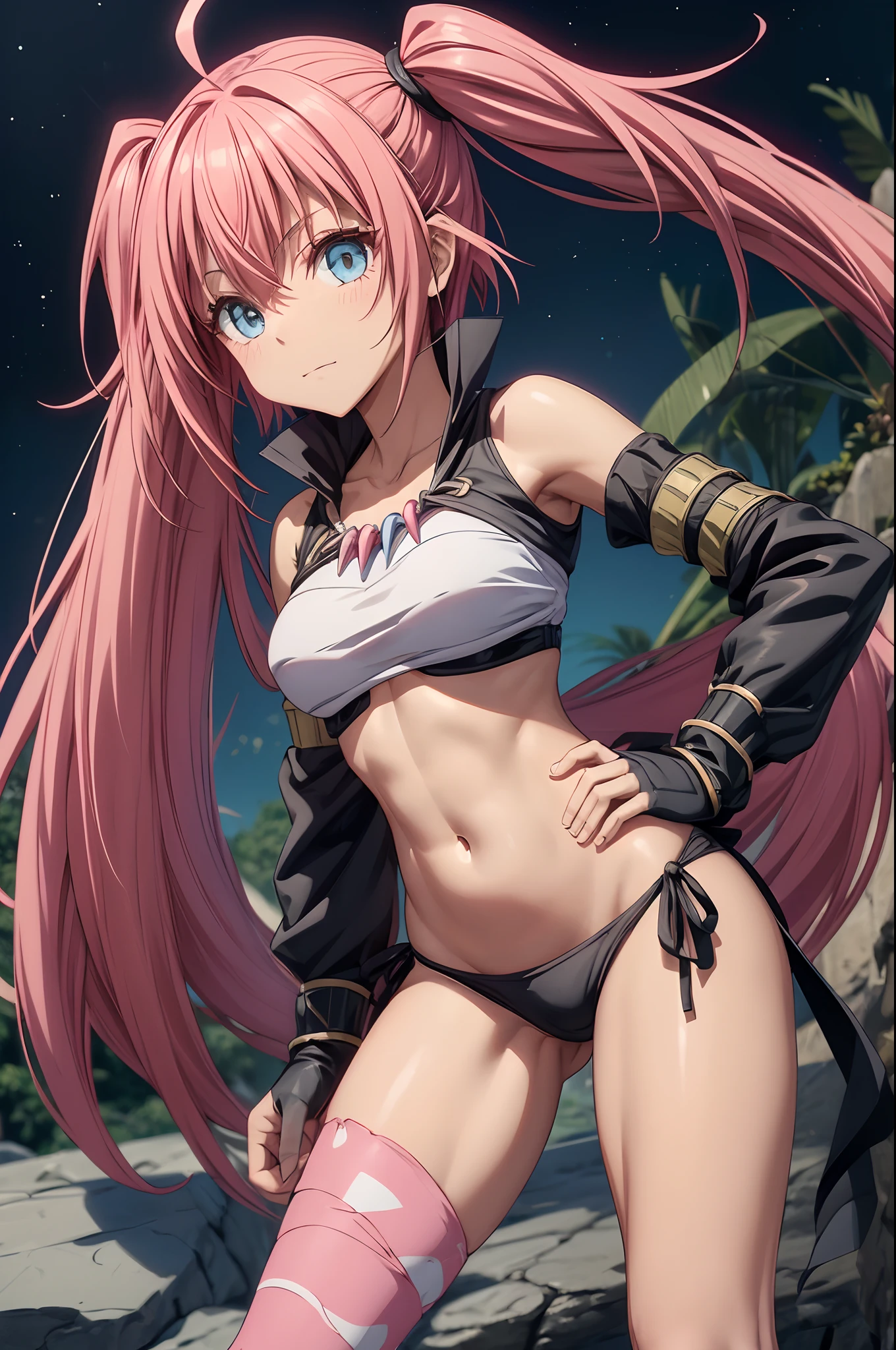 1Feminino、Tensei Shitara Slime Datta Ken（((Milim Nava))), Demon Lord King、O corpo da obra-prima de Milim Nava、High Quality Bikini Armor、Black bikini armor、Rosto Milim Preciso、olhos azuis、olhar o mal、cabelo rosa、Bicaudal、Caudas duplas orgulhosas、barefoot, medium feet, dedos arredondados ultra qualidade, ultra detalhado, unhas arredondadas pintadas em esmalte preto, ultra detalhado、Medium, (((foto de corpo inteiro))), (((barriga musculosa))), na praia, (((Ultra-detailed and realistic muscular legs))), Face Ultra Detalhada, Perfect setting, (((Making Fighting Stance))), standing on her feet, (((olhando para mim dando soco)))