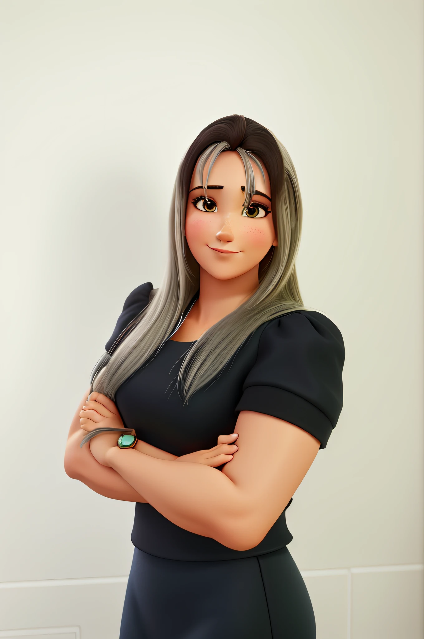 Uma mulher branca, cabelos castanho com mechas loira, no estilo pixar, com alta qualidade, melhor qualidade de costas para pessoas sentadas nos bancos da igreja