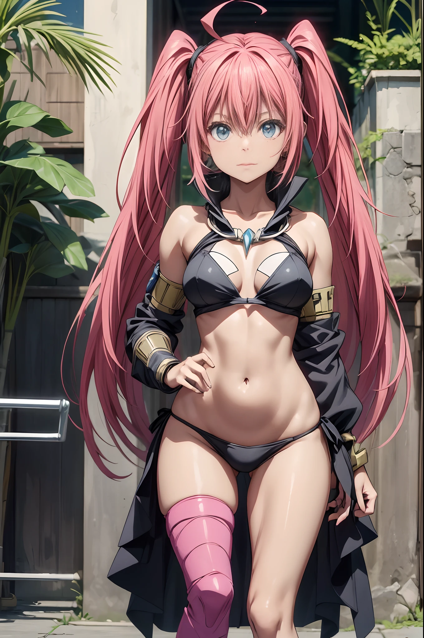 1Feminino、Tensei Shitara Slime Datta Ken(((Milim Nava))), Demon Lord King、O corpo da obra-prima de Milim Nava、High Quality Bikini Armor、Black bikini armor、Rosto Milim Preciso、olhos azuis、olhar o mal、cabelo rosa、Bicaudal、Caudas duplas orgulhosas、barefoot, medium feet, dedos arredondados ultra qualidade, ultra detalhado, unhas arredondadas pintadas em esmalte preto, ultra detalhado、Medium, (((foto de corpo inteiro))), (((barriga musculosa))), na praia, (((Ultra-detailed and realistic muscular legs))), Face Ultra Detalhada, Perfect setting, (((Making Fighting Stance))), standing on her feet, (((olhando para mim dando soco)))
