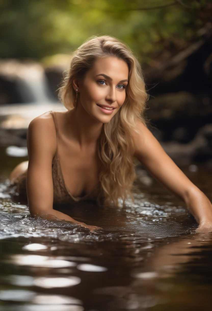 Sexy, gorgeous, smiling 35-year-old woman, siting  a mountain pool of water, in a forest, waterfall, wearing a T-shirt, cinematic lighting, American portrait, vertical, professional camera, detailed image, golden blond hair, soft makeup, high-definition image, ultra-high quality, Enhanced skin texture for a natural and lifelike appearance, Add intricate details to the eyes, highlighting iris colors and reflections, Specify the desired level of skin retouching or airbrushing for a flawless