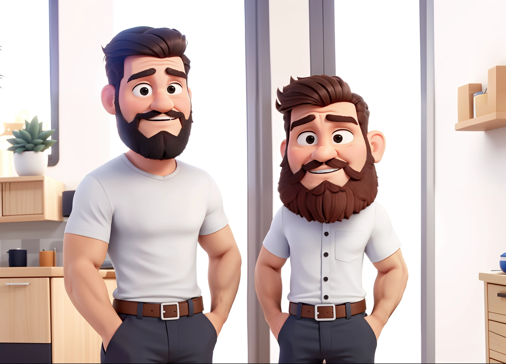 homem branco e barba, barba feita, barba desenhada, cabelos preto, vestindo uma camisa do super-homem, corpo inteiro, hand in pocket, chibi, na rua