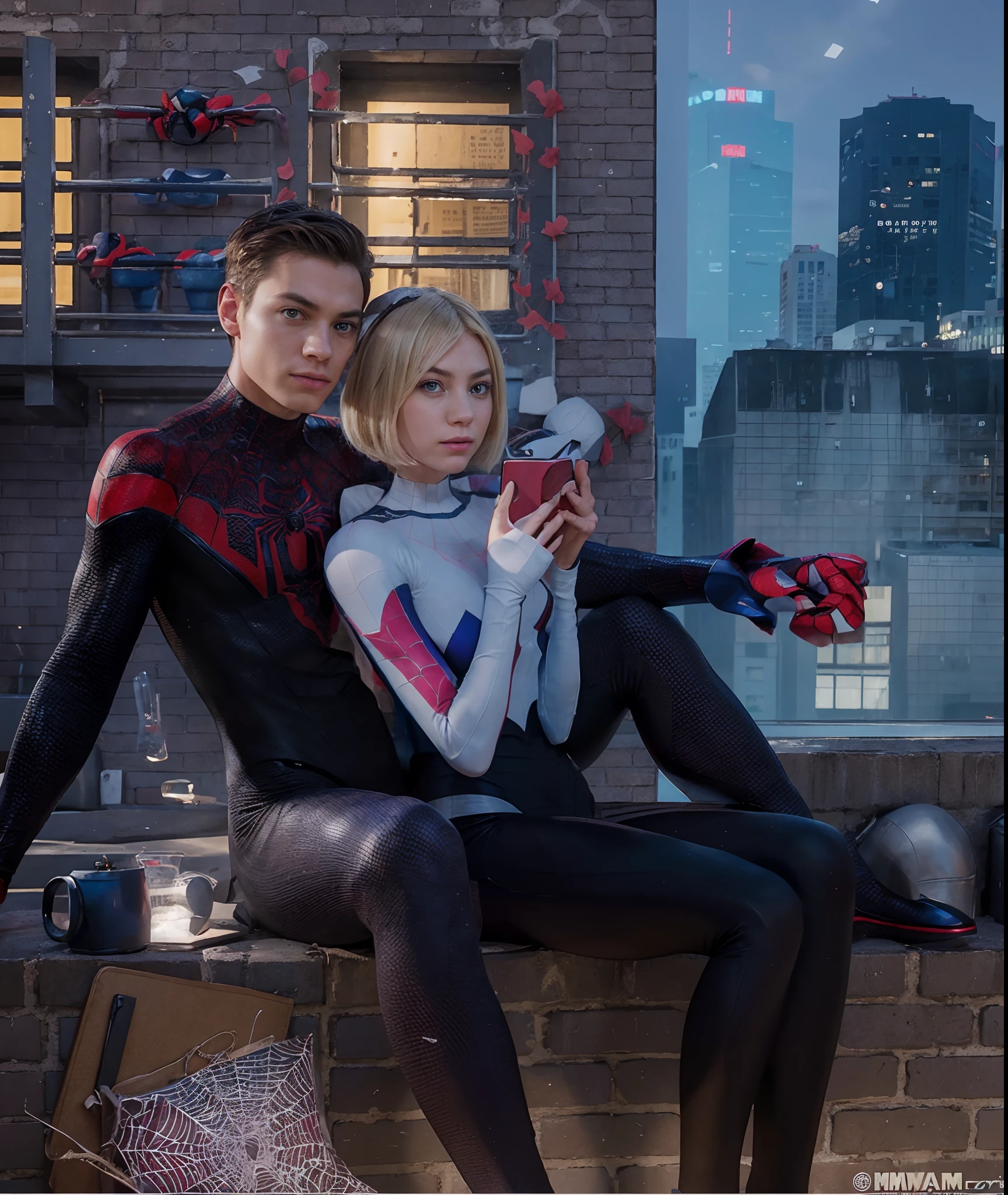 foto realista, Marvel, gwen stacy, Miles Maralize, Photo Enhancement, real-photo, Drawing hands, Drawing the Background, Drawing Solids, beste-Qualit, 4k quality, Superheroes, Spider-Man, couple, Drinking tea on the roof, Real Fingers, Detailed fingers