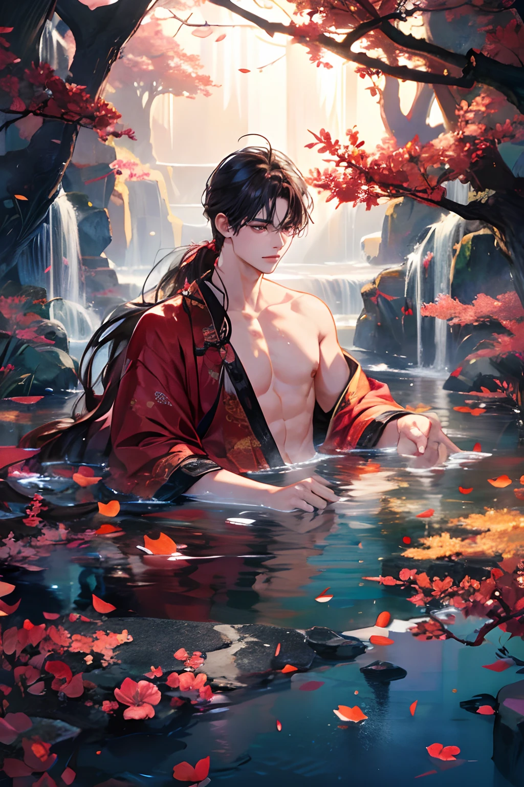 1 boy, Young male, Detailed eyes and faces, Perfect male body, eye looking to camera, (long hair, half body inside water, Topless, bathe in water, wet hair and body),portrait, Chinese clothing, China Landscape, Outdoor, peach blossoms, pine trees, lake, color difference, Depth of field, dramatic shadow, Ray tracing, Best quality, Cinematic lighting, Extremely detailed CG, 8k wallpaper,