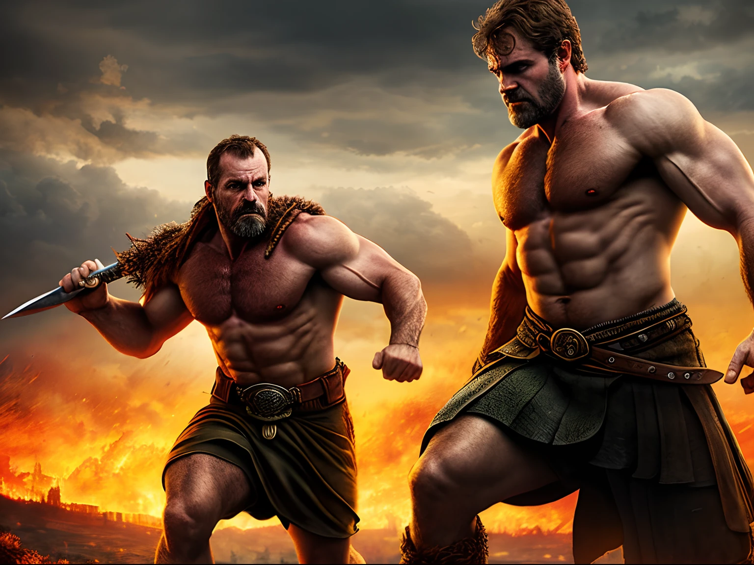 (Masterpiece) Detailed, intricate, epic fantasy, colorful, full body, slight angle, man, 50 years old, in EmotionScape style, very hulking, brawny, fitted, ankle wraps, very hairy hot torso, big strong hands, fine detailed, running, intense action, dynamic juxtaposition, skimpy revealing slavery outfit, receding hairline, smirk, gladiator, with a sword, blades, big ancient city on fire in the background, heavy rain, smoggy, pointing away, depth of field, particle effects, high quality shadows, intense action, aggressive digital illustrations, emotive landscapes,