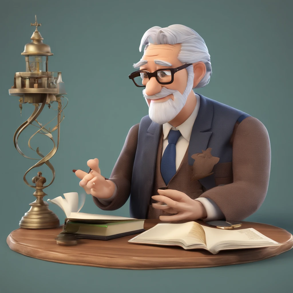 Crie um cartaz inspirado na Disney Pixar com o personagem sendo o pastor Rubens Janier, A gray-haired man wearing glasses, in an office with a Bible on the table