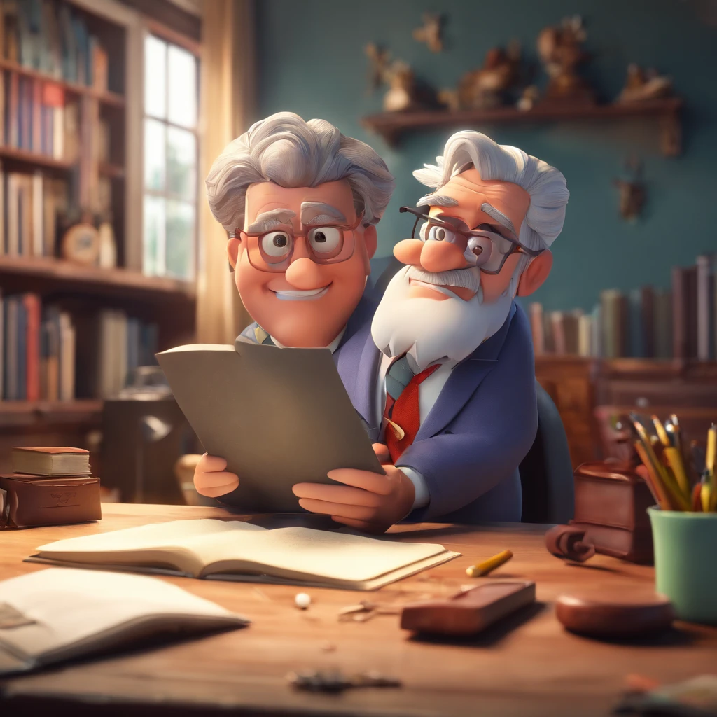 Crie um cartaz inspirado na Disney Pixar com o personagem sendo o pastor Rubens Janier, A gray-haired man wearing glasses, in an office with a Bible on the table