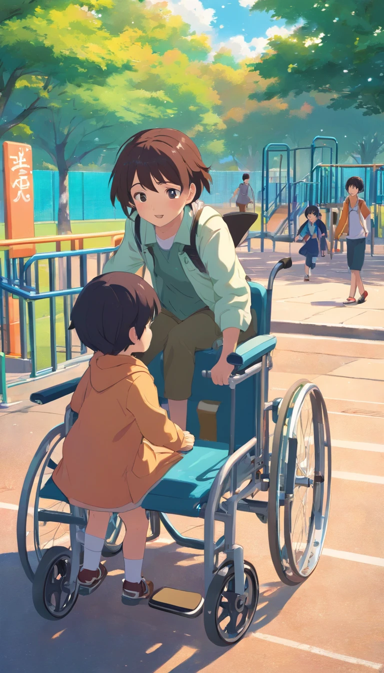 Generate Child Illustration of Child Pushing Another in Wheelchair in a Playground, no estilo cartoon