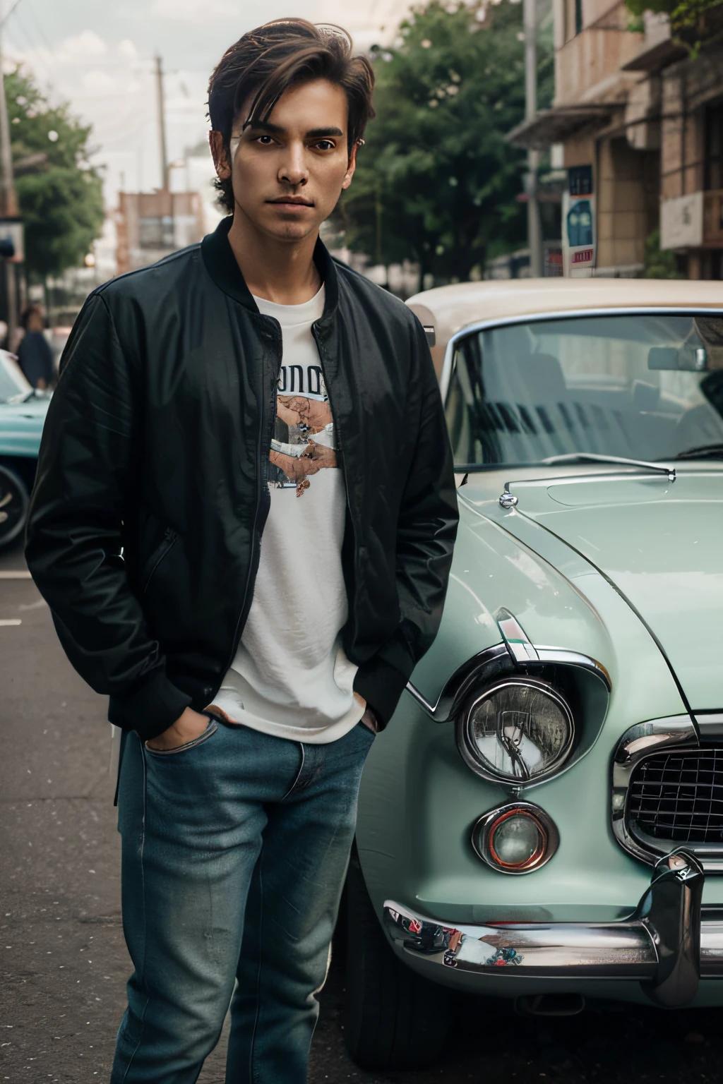 Imagine a American tiktok car guru man, his gaze fixed ahead as he stands in front of a vintage car, its paint job a deep, rich black. The man's white skin is depicted with incredible detail, capturing the nuances of his natural complexion.