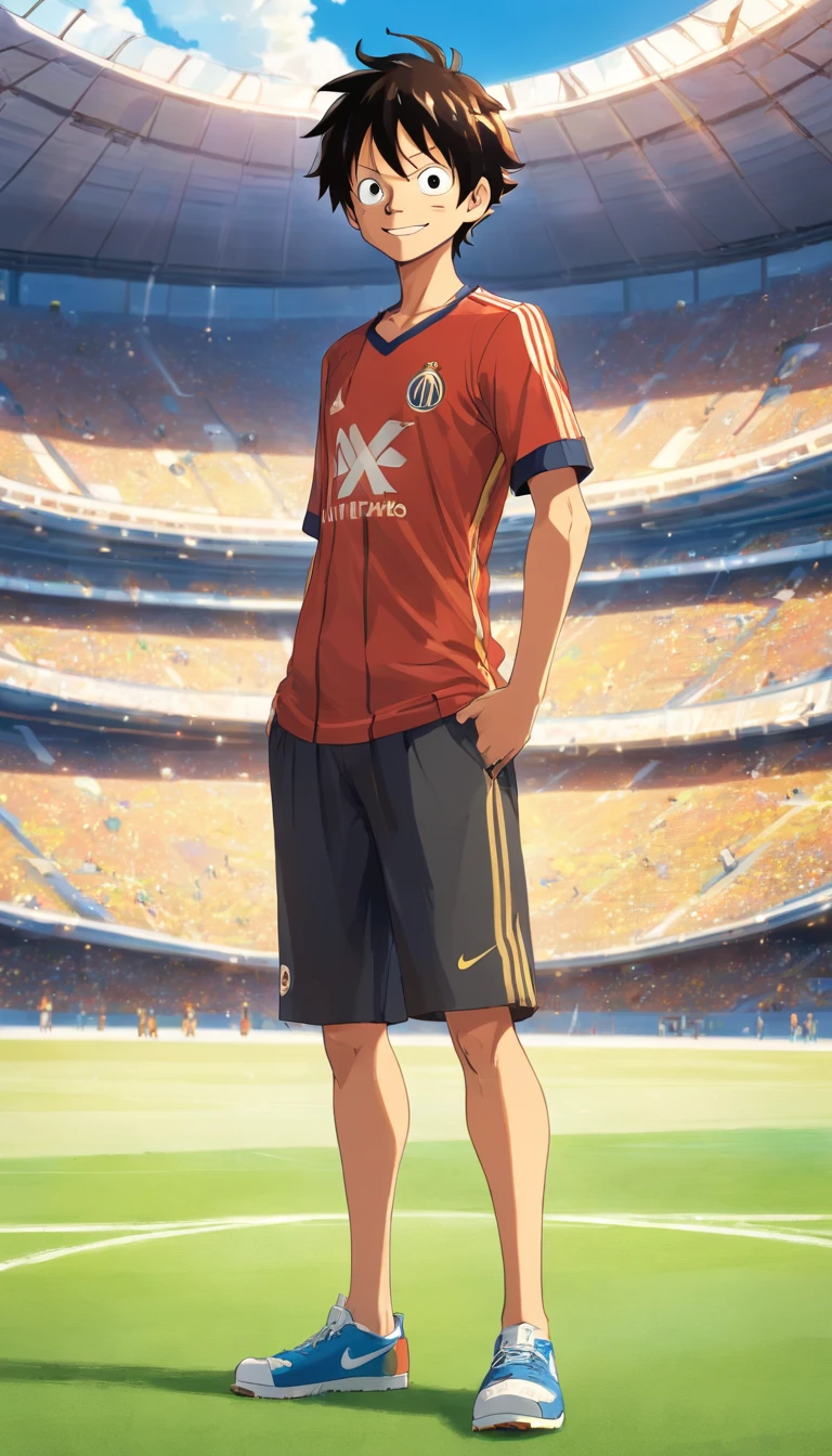 “Luffy from one piece Standing In a soccer stadium smiling, while wearing A Nike Inter Milan Shirt with stripes and he is wearing his straw hat while he is holding it”