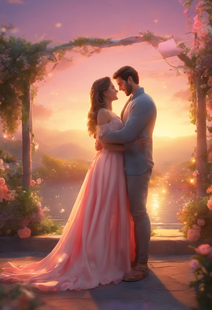 (Masterpiece, Best Quality, High Resolution), A perfect photograph with every detail depicts a magical moment: The background is undoubtedly in the colors of the sunset, with the sky unfolding in soft shades of orange and pink. The sun's rays shine behind the couple, creating a wonderful illumination.
In the middle of the photograph, a young couple is embraced and smiling. The young man tenderly holds his beloved, while the young woman responds with an open and happy expression on her face. Their clothing suggests comfort and simplicity, and the gentle breeze gently touches their clothes.