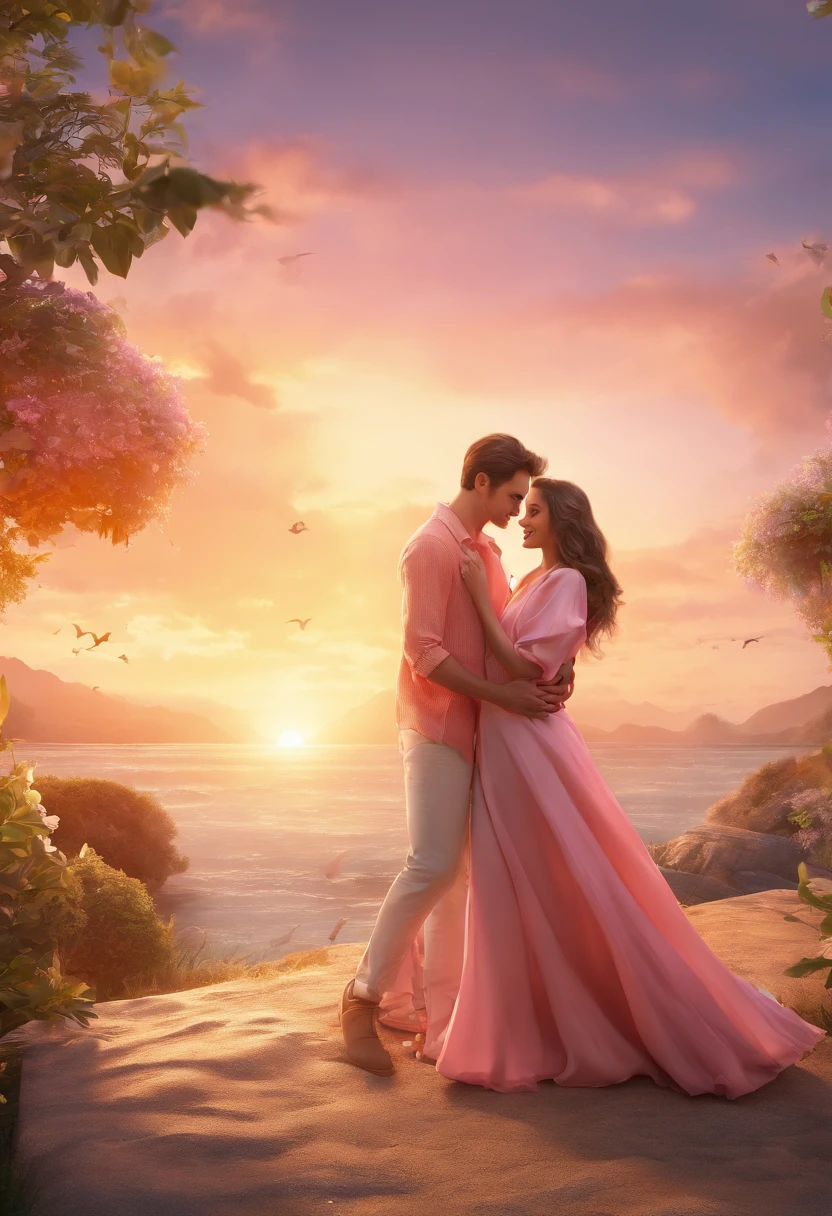 (Masterpiece, Best Quality, High Resolution), A perfect photograph with every detail depicts a magical moment: The background is undoubtedly in the colors of the sunset, with the sky unfolding in soft shades of orange and pink. The sun's rays shine behind the couple, creating a wonderful illumination.
In the middle of the photograph, a young couple is embraced and smiling. The young man tenderly holds his beloved, while the young woman responds with an open and happy expression on her face. Their clothing suggests comfort and simplicity, and the gentle breeze gently touches their clothes.