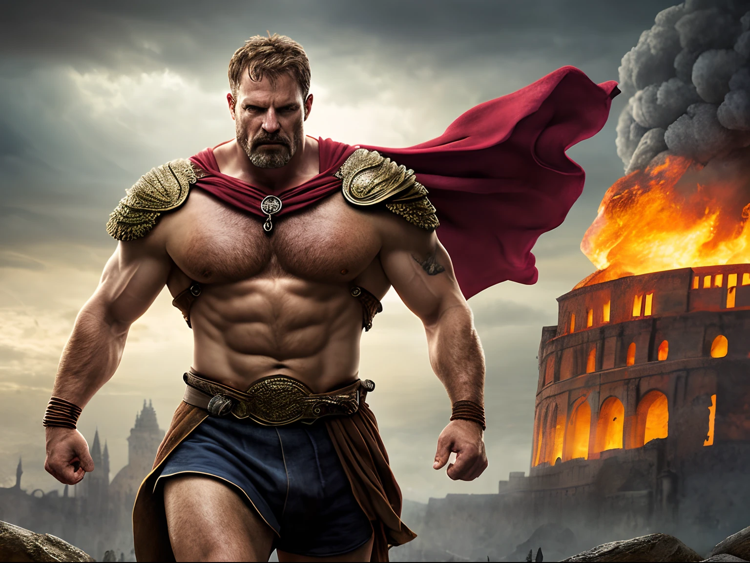 (Masterpiece) Detailed, intricate, epic fantasy, colorful, full body, slight angle, man, 50 years old, in EmotionScape style, very hulking, brawny, fitted, ankle wraps, very hairy hot torso, big strong hands, fine detailed, running, intense action, dynamic juxtaposition, skimpy revealing slavery outfit, receding hairline, smirk, gladiator, with a sword, blades, big ancient city on fire in the background, heavy rain, smoggy, pointing away, depth of field, particle effects, high quality shadows, intense action, aggressive digital illustrations, emotive landscapes,