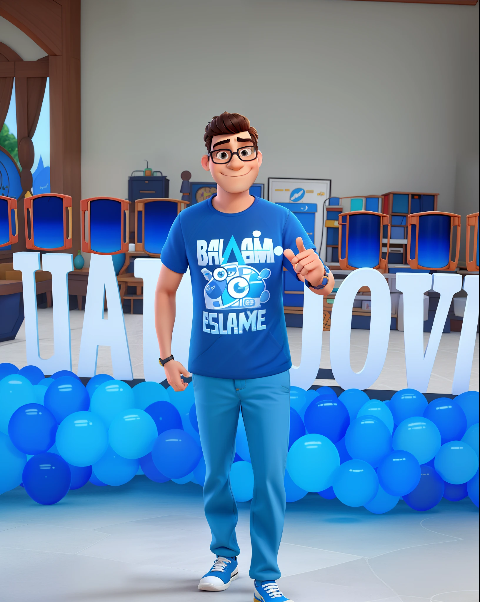 Um homem estilo disney pixar, alta qualidade, melhor qualidade, Wearing a blue blouse with black Ray Ban glasses, Written Rapture Generation, with the index finger of his left hand pointing to his chest, Posing in a Disney poster-style photo