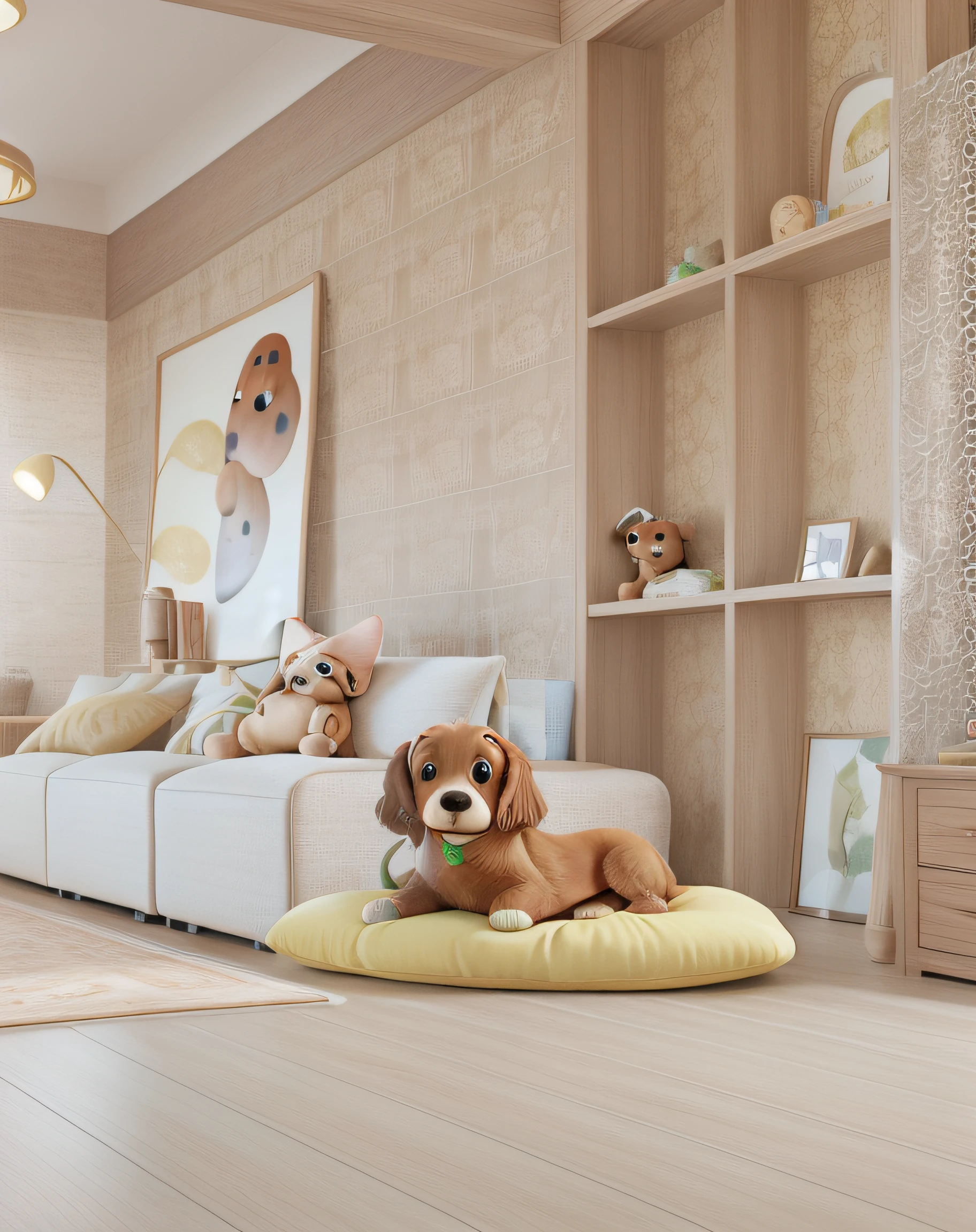 Beautiful living room, Puppy in puff breed cocker spaniel, estilo disney pixar, alta qualidade, melhor qualidade