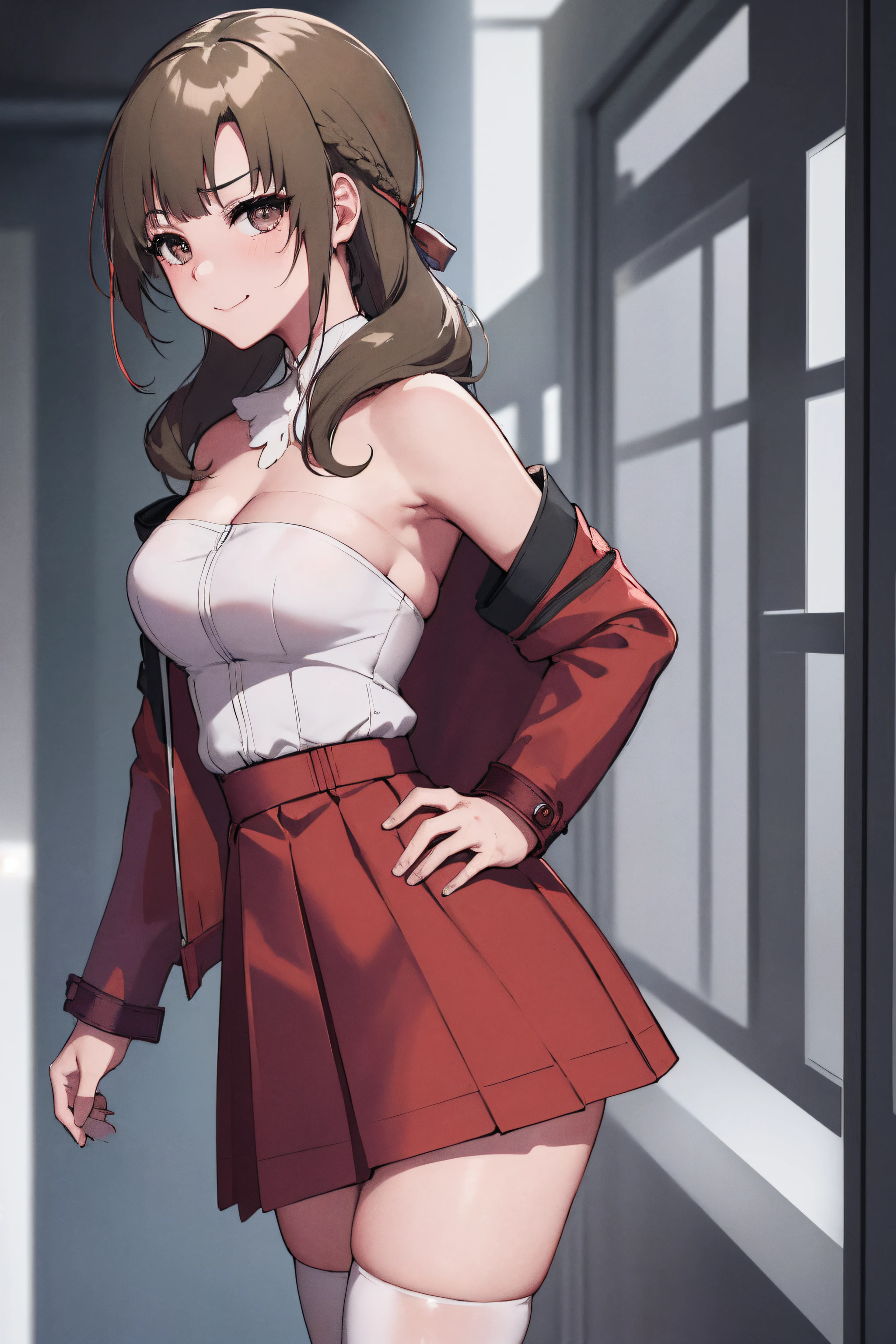 (masterpiece, best quality:1.2), cowboy shot, solo, 1girl, oosuki mamako,seductive smile, closed mouth, looking at viewer,pose, hand on hip,angry, pov,large breast ,hair ribbon, oosukidef, strapless, lace-up boots, military, military uniform, pleated skirt, (red jacket:1.5), skirt, thighhighs, uniform, white thighhighs, white ribbon, buttons, (sleevesless:1.5),NSFW,official art,extremely detailed CG unity 8k wallpaper, perfect lighting, (masterpiece:1.0),(best_quality:1.0), ultra high res,4K,ultra-detailed, photography, 8K, HDR, highres, absurdres:1.2, Kodak portra 400, film grain, blurry background, bokeh:1.2, lens flare, (vibrant_color:1.2),(beautiful_face:1.5),(narrow_waist),(perfect hands, perfect anatomy),