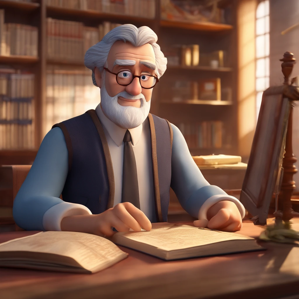 Crie um cartaz inspirado na Disney Pixar com o personagem sendo o pastor Rubens Janier, A gray-haired man wearing glasses, in an office with a Bible on the table, Looking forward and serious