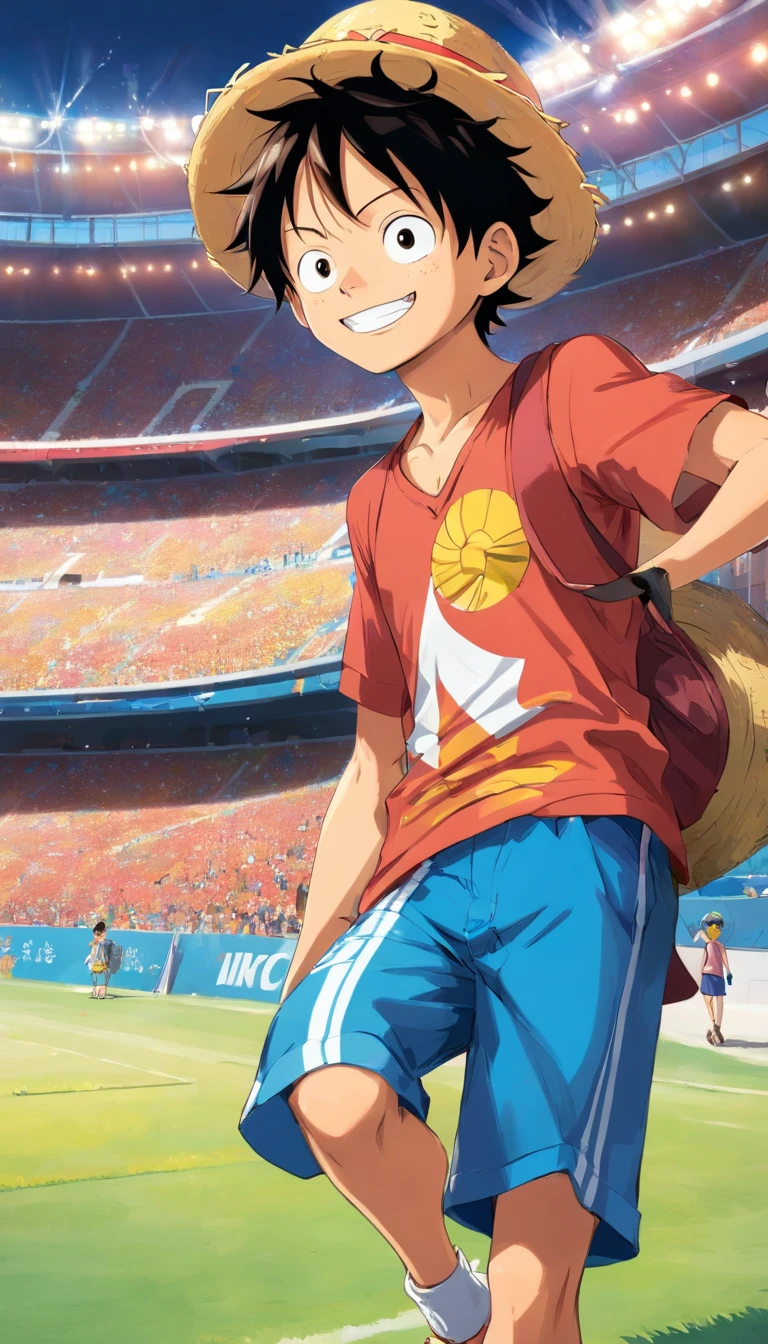 “Luffy from one piece Standing In a san siro stadium smiling, while wearing A Nike Inter Black and Blue Shirt with stripes and he is wearing his straw hat”