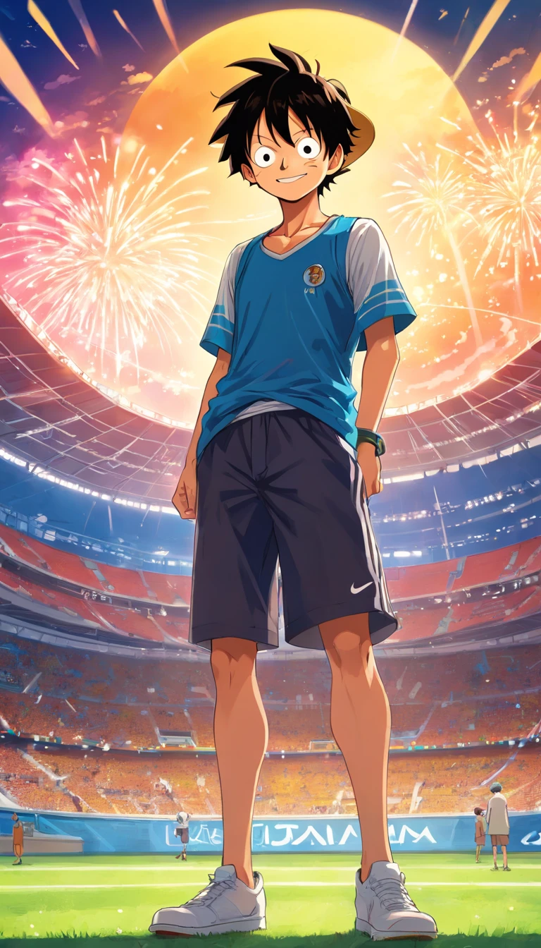 “Luffy from one piece Standing In a san siro stadium smiling, while wearing A Nike Inter Black and Blue Shirt with stripes and he is wearing his straw hat”